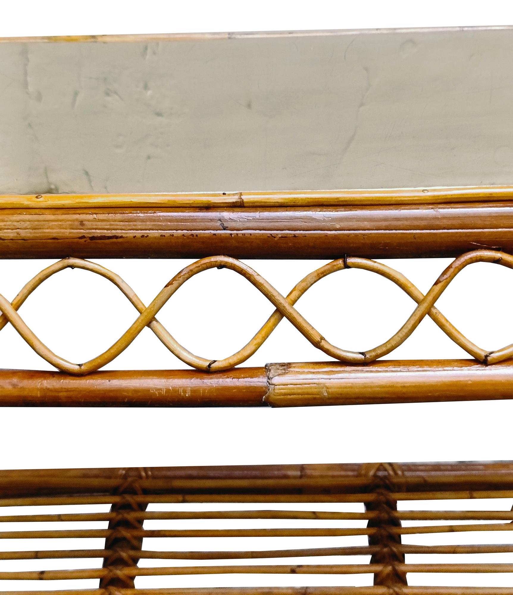 Brass Franco Albini Attrib. Rattan and brass console table, Italy 1960s For Sale
