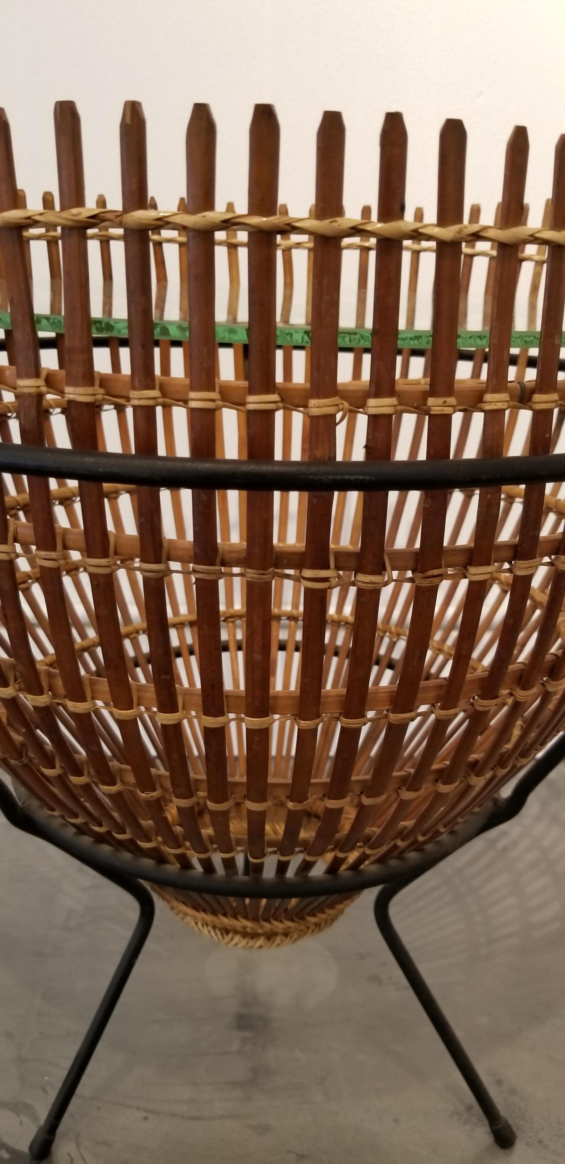 Franco Albini Attributed Rattan, Iron and Glass Side Table In Good Condition For Sale In Fulton, CA
