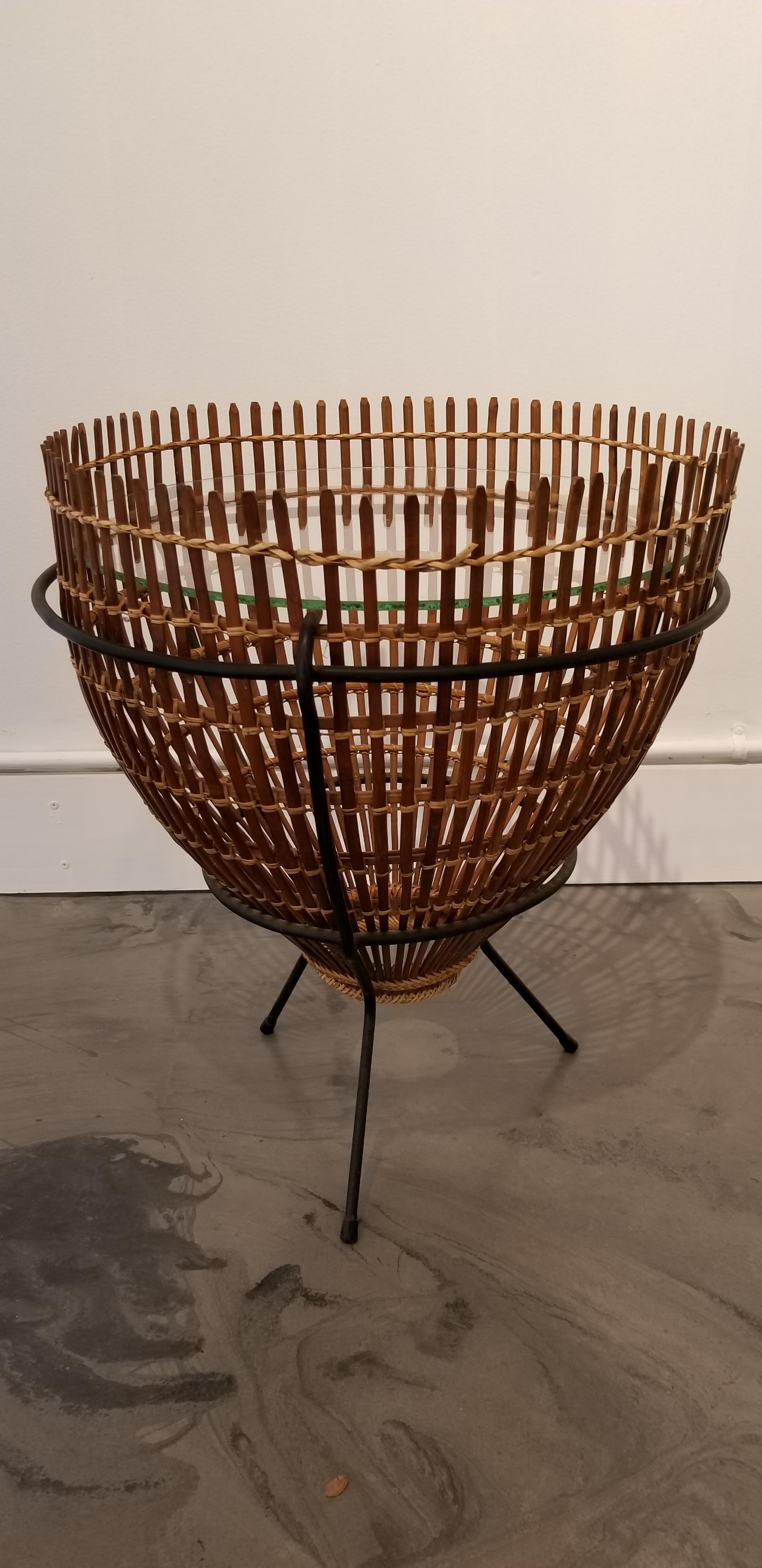 Wicker Franco Albini Attributed Rattan, Iron and Glass Side Table For Sale