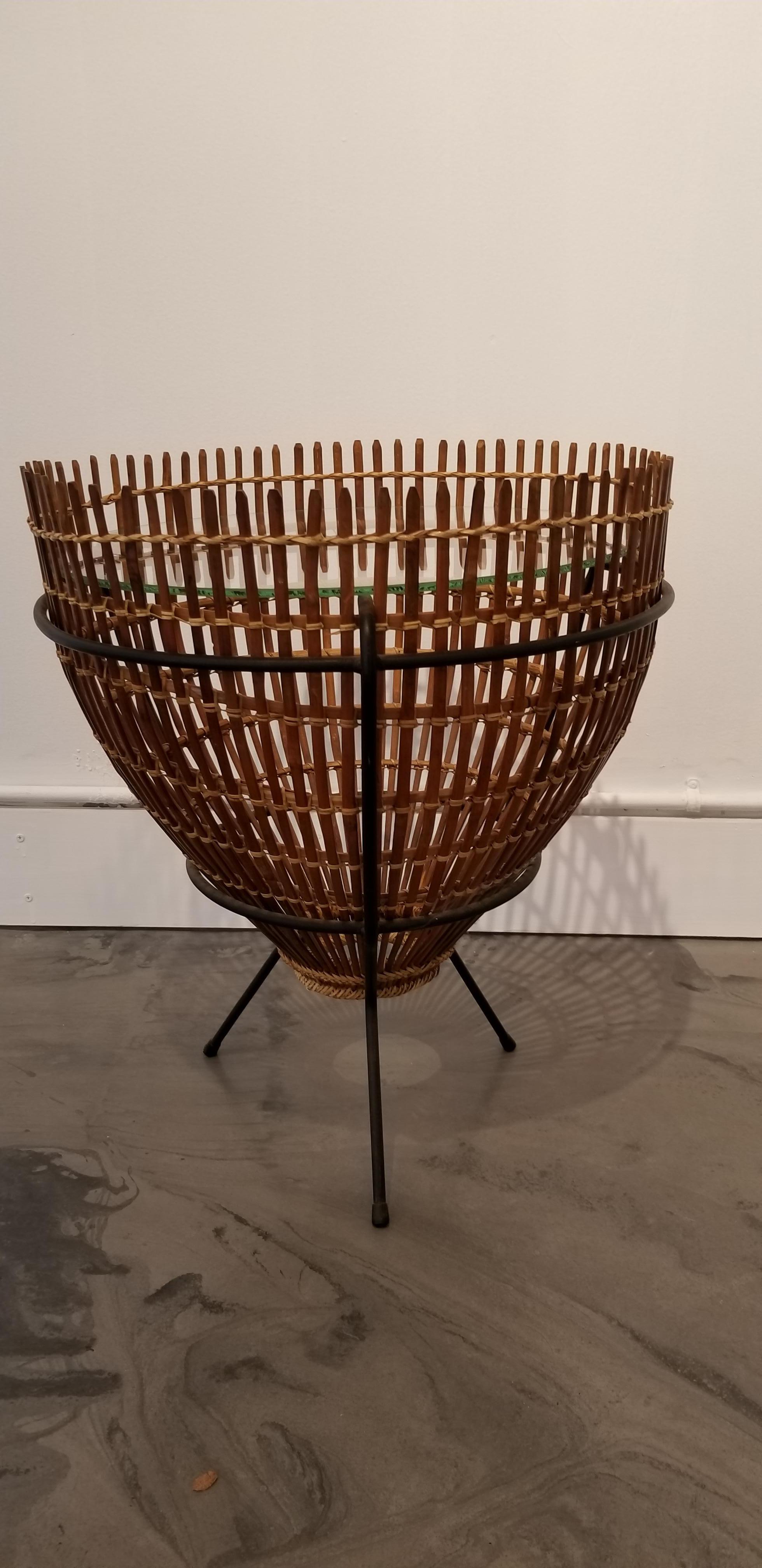 Franco Albini Attributed Rattan, Iron and Glass Side Table For Sale 1