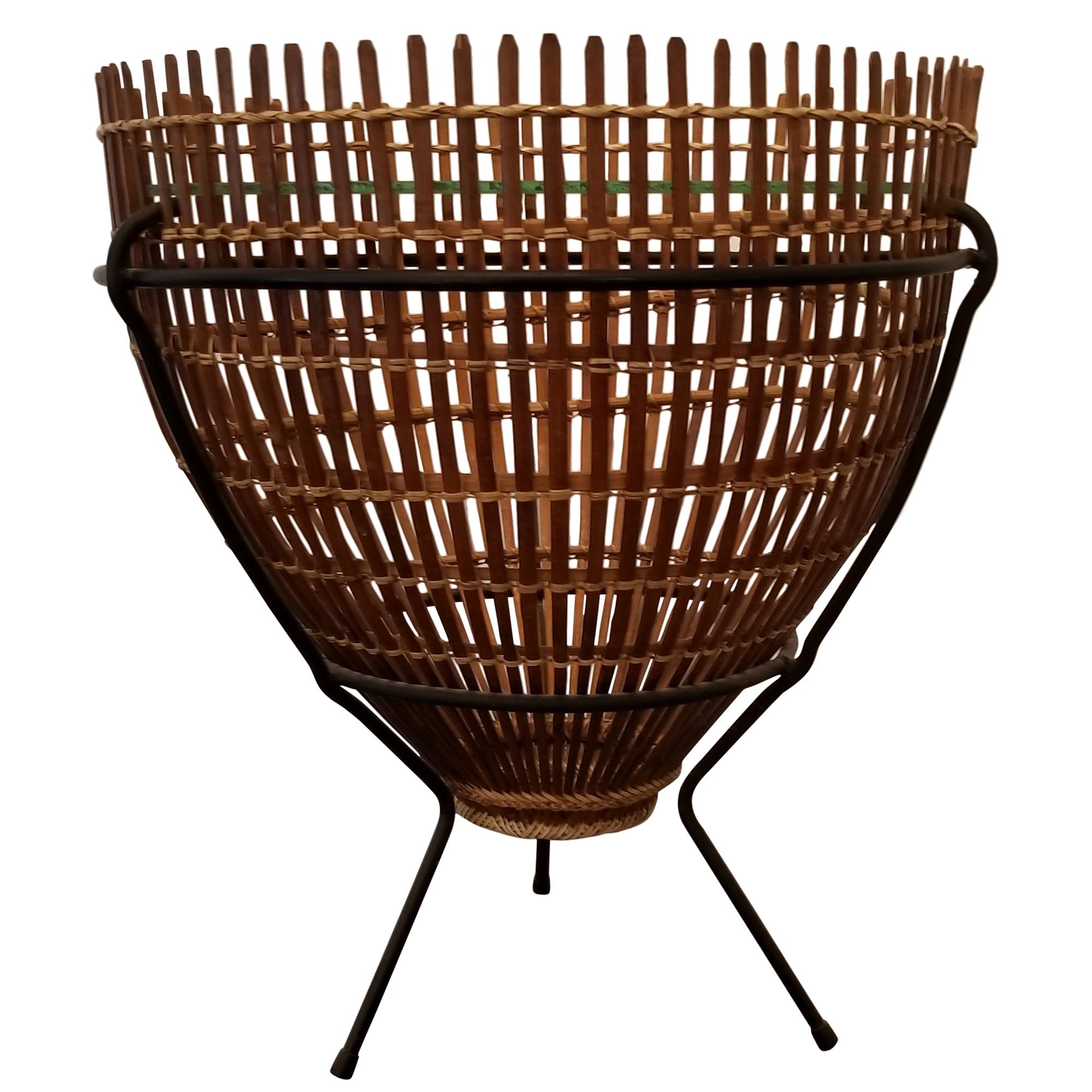 Franco Albini Attributed Rattan, Iron and Glass Side Table For Sale