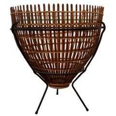 Used Franco Albini Attributed Rattan, Iron and Glass Side Table