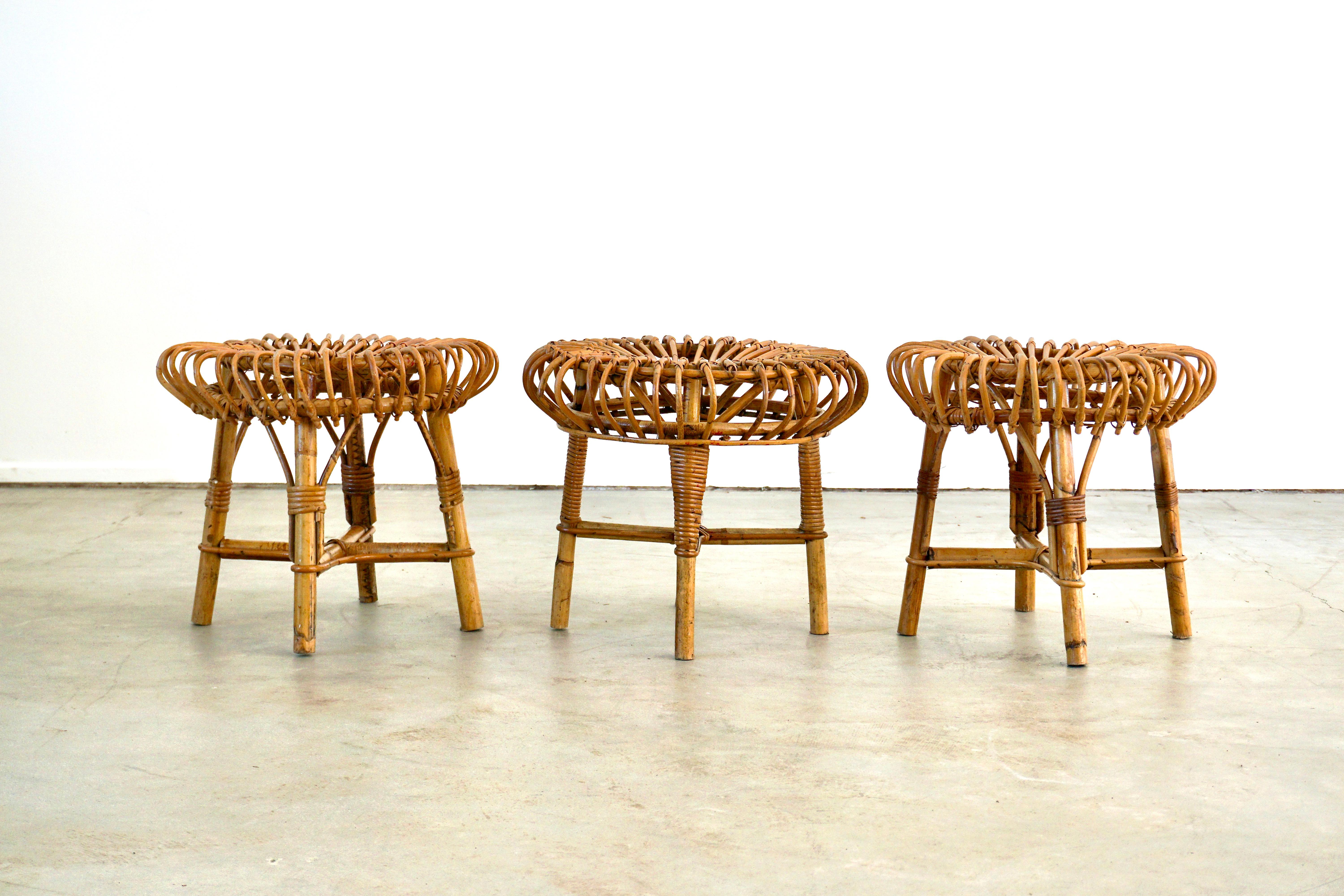Stools in the style of Franco Albini in signature bamboo with great patina. 
Priced individually.
 