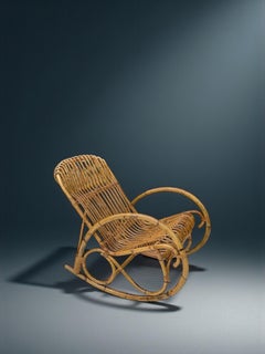 Mid Century Franco Albini Bent Bamboo and Rattan Rocking Chair, Italy 1950's