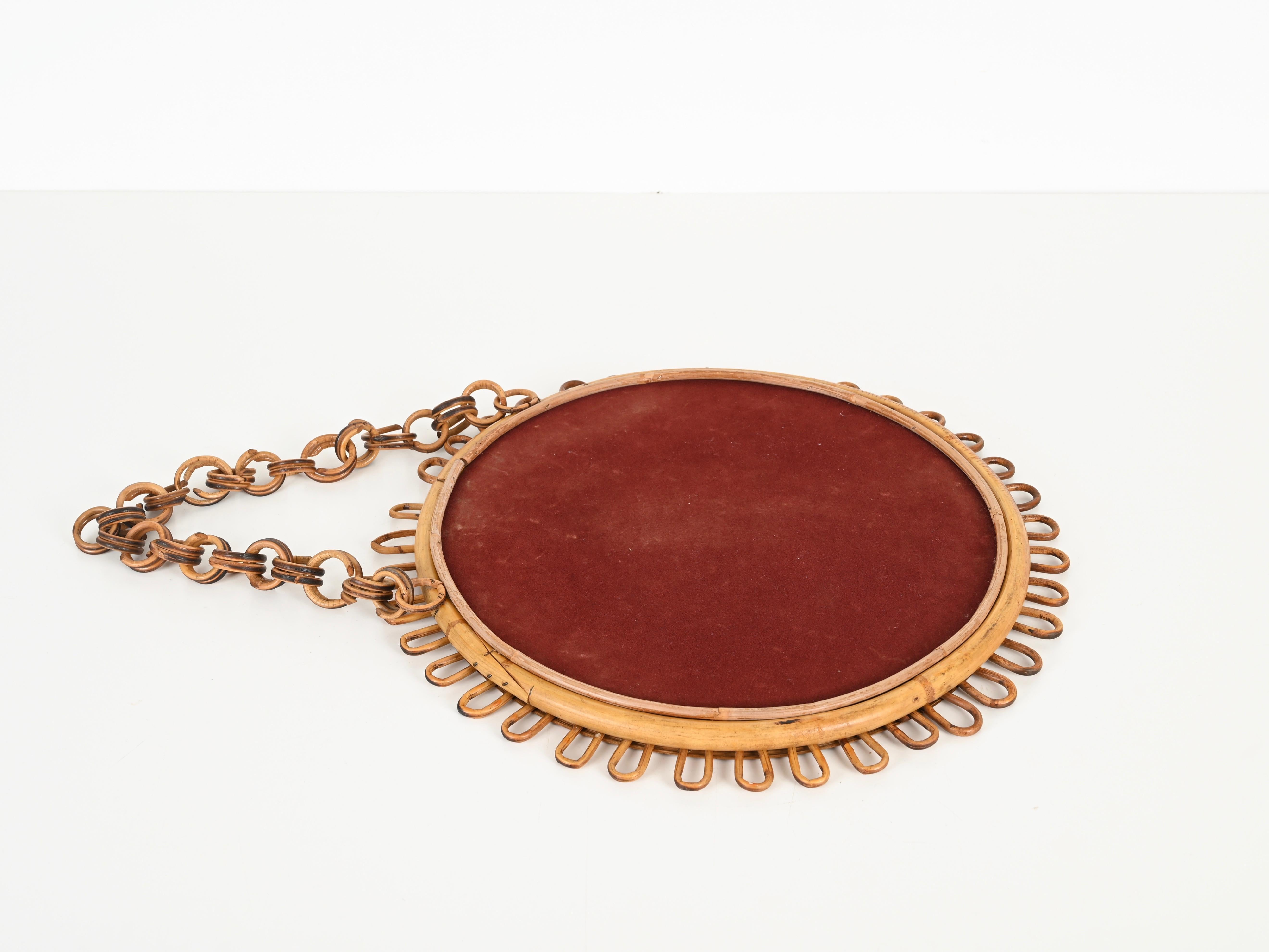 Franco Albini Curved Rattan and Bamboo Round Mirror with Chain, Italy 1960s 3