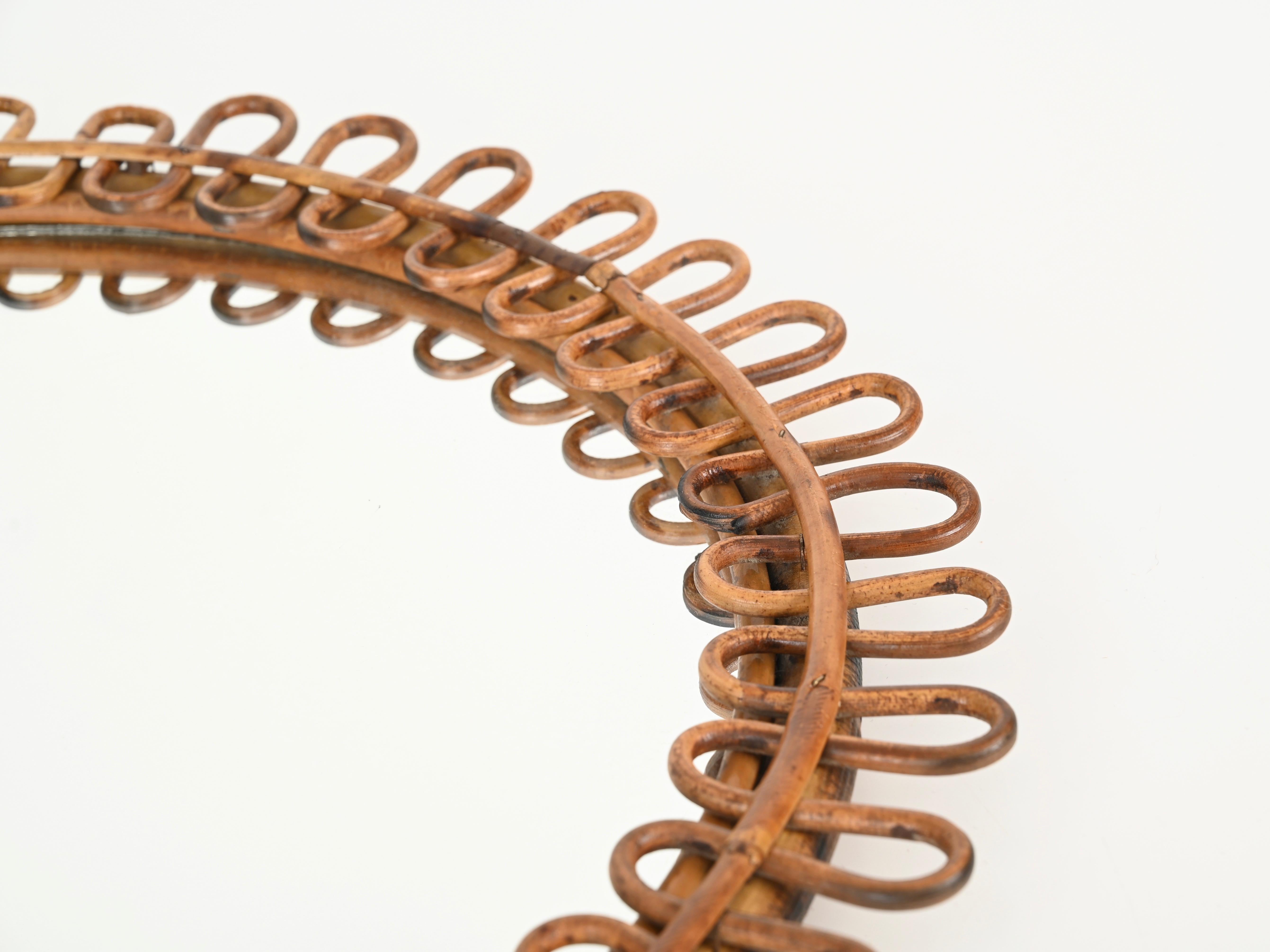 Franco Albini Curved Rattan and Bamboo Round Mirror with Chain, Italy 1960s 4