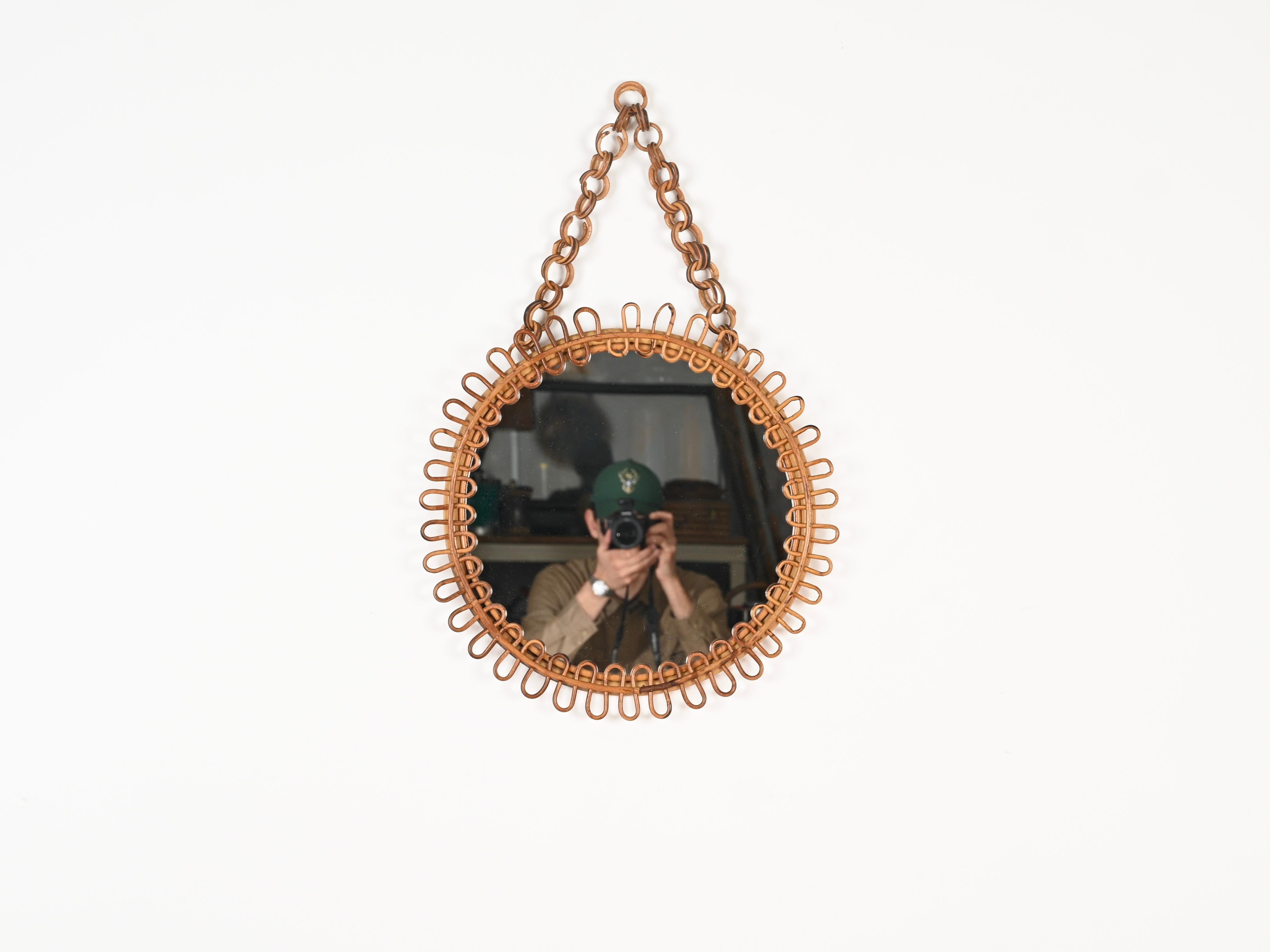 Franco Albini Curved Rattan and Bamboo Round Mirror with Chain, Italy 1960s 5