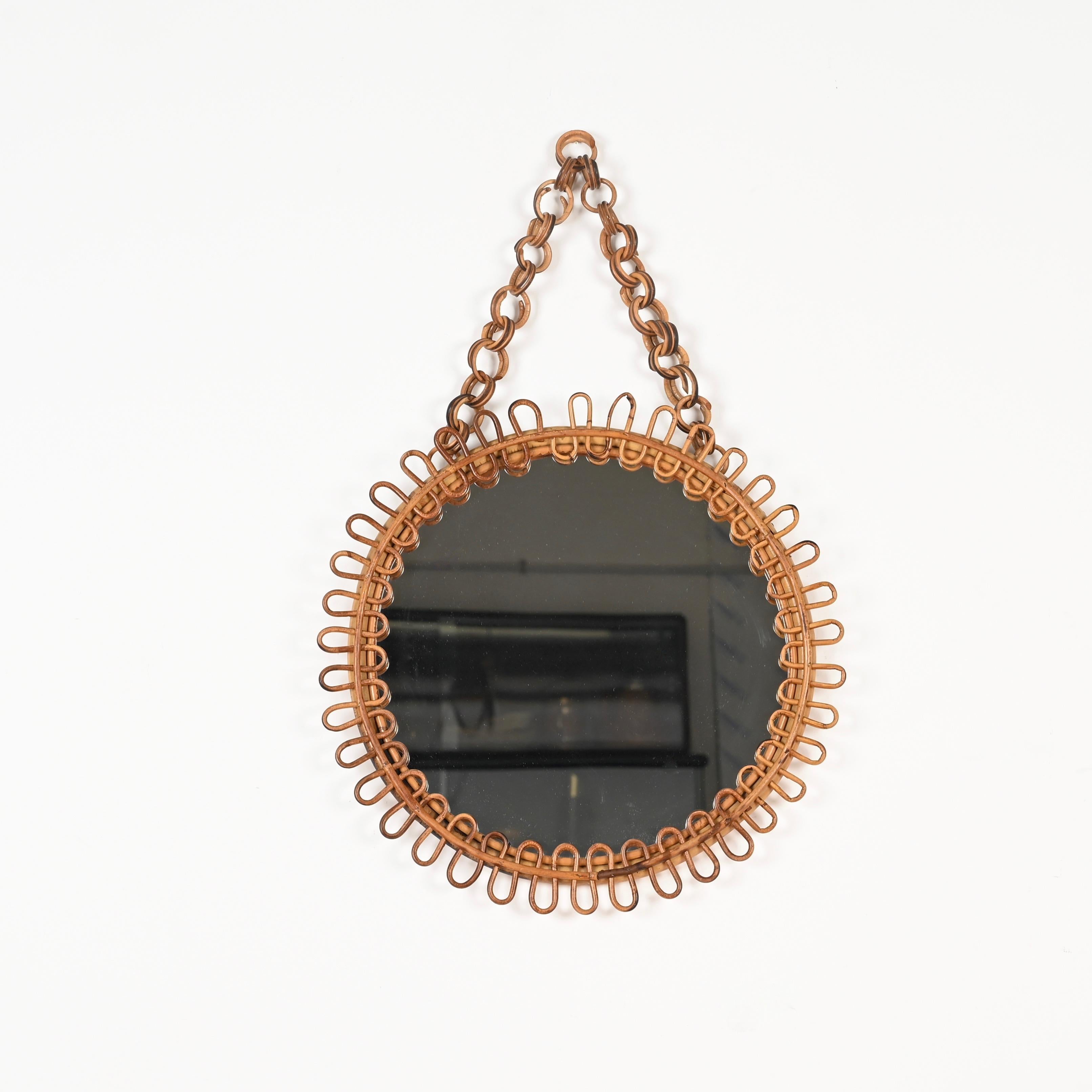 Franco Albini Curved Rattan and Bamboo Round Mirror with Chain, Italy 1960s 6