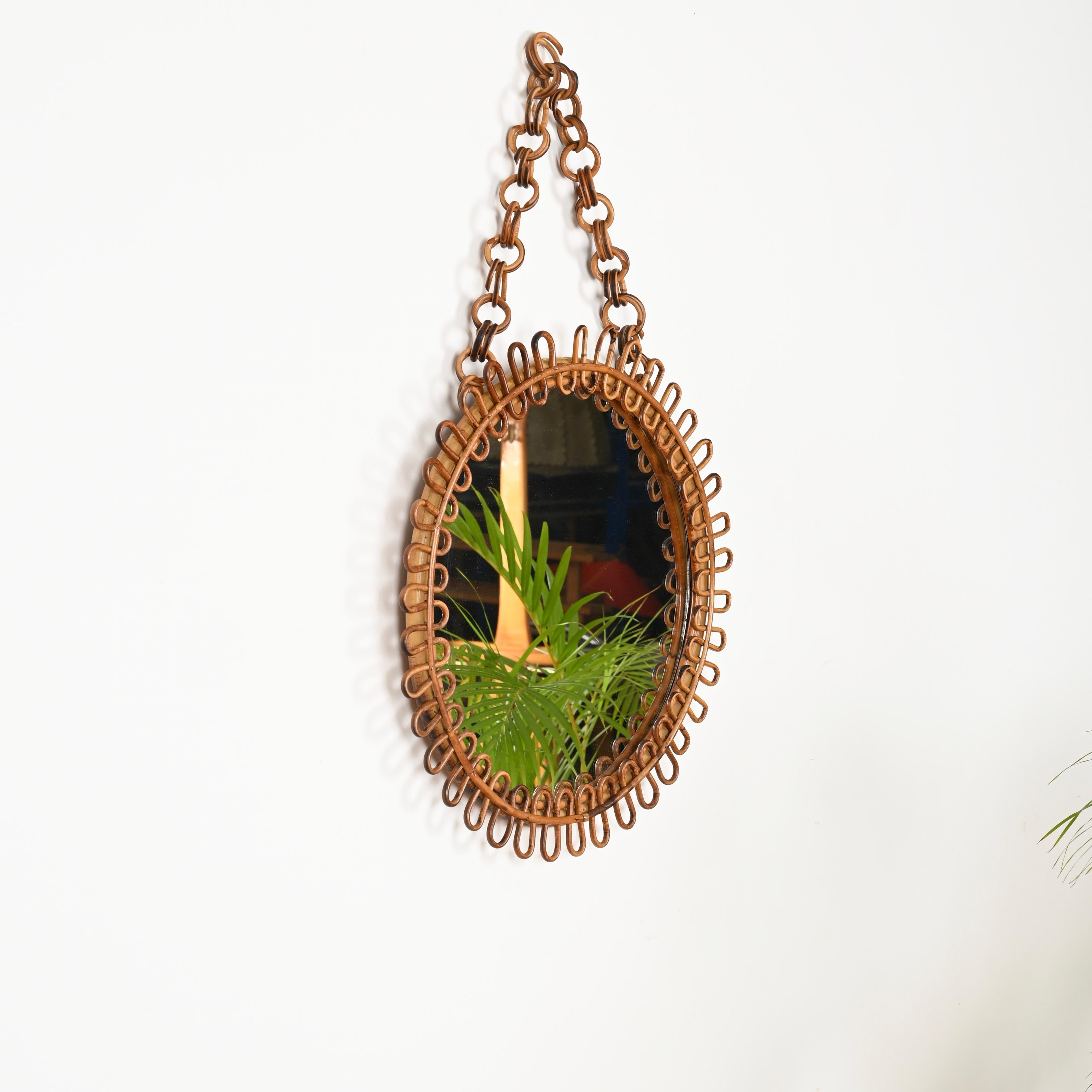 Franco Albini Curved Rattan and Bamboo Round Mirror with Chain, Italy 1960s 7