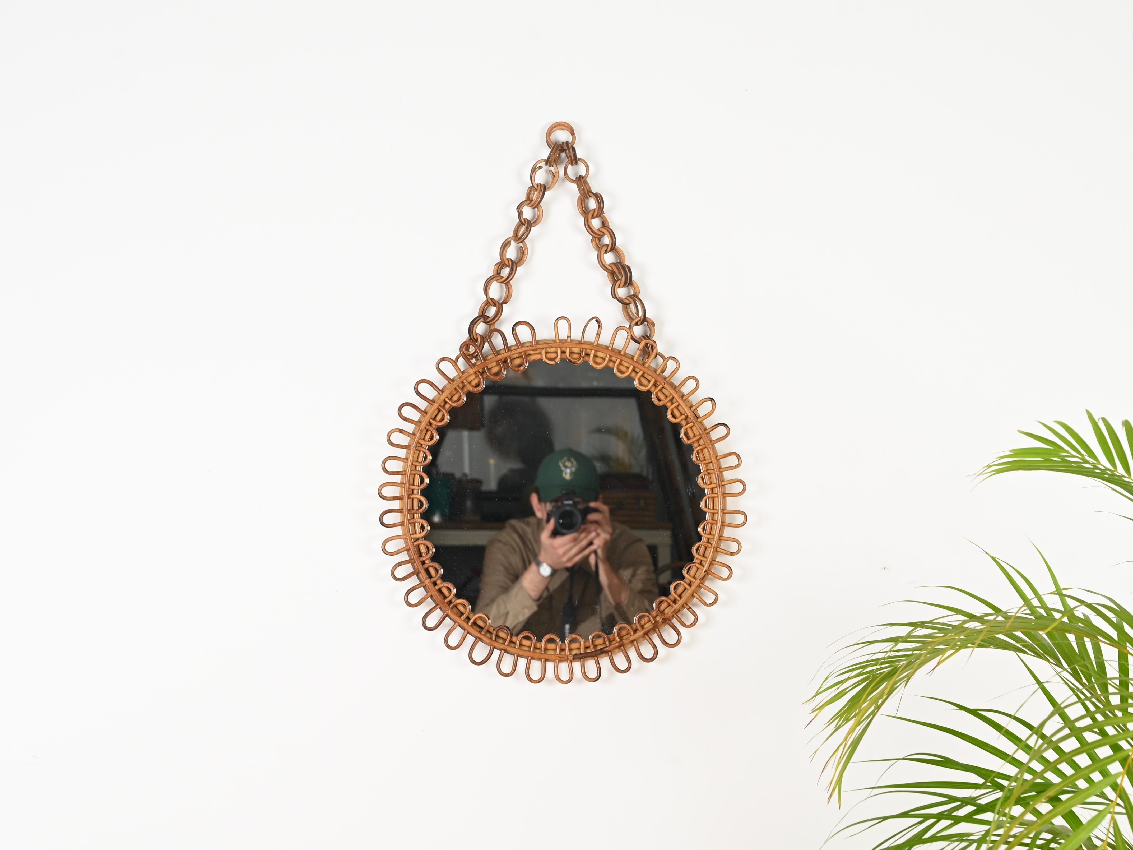 Mid-Century Modern Franco Albini Curved Rattan and Bamboo Round Mirror with Chain, Italy 1960s