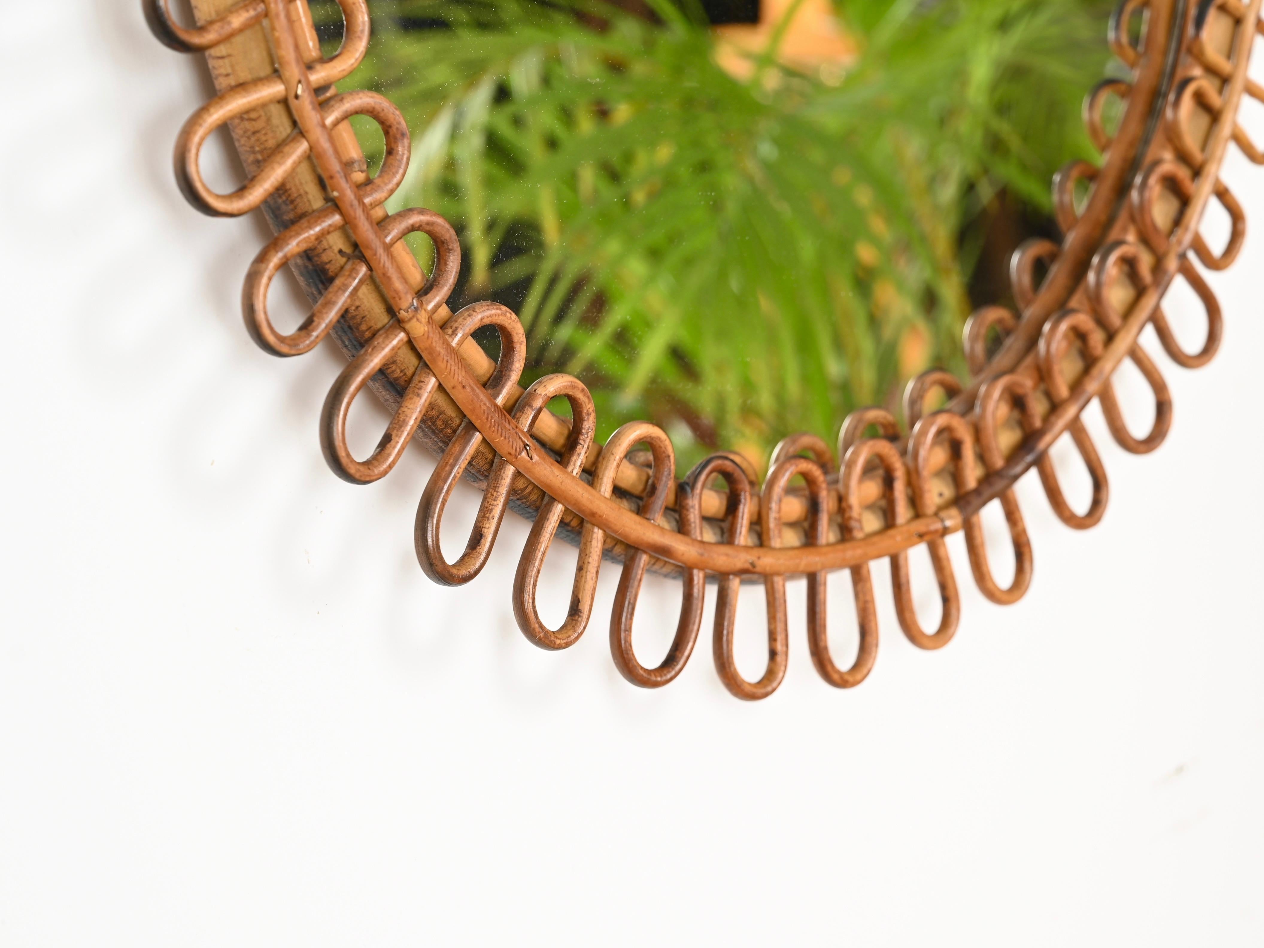 Italian Franco Albini Curved Rattan and Bamboo Round Mirror with Chain, Italy 1960s
