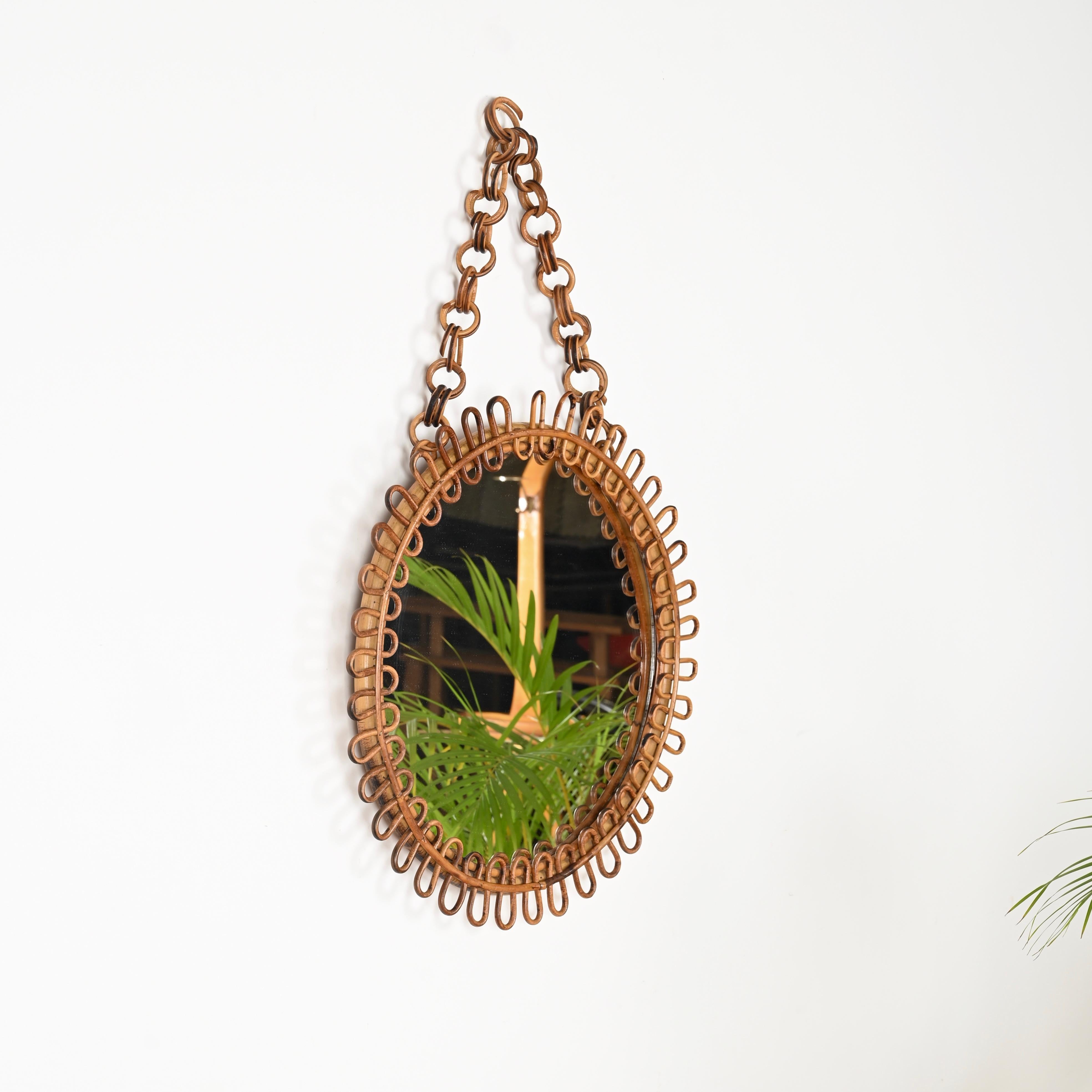 Hand-Crafted Franco Albini Curved Rattan and Bamboo Round Mirror with Chain, Italy 1960s