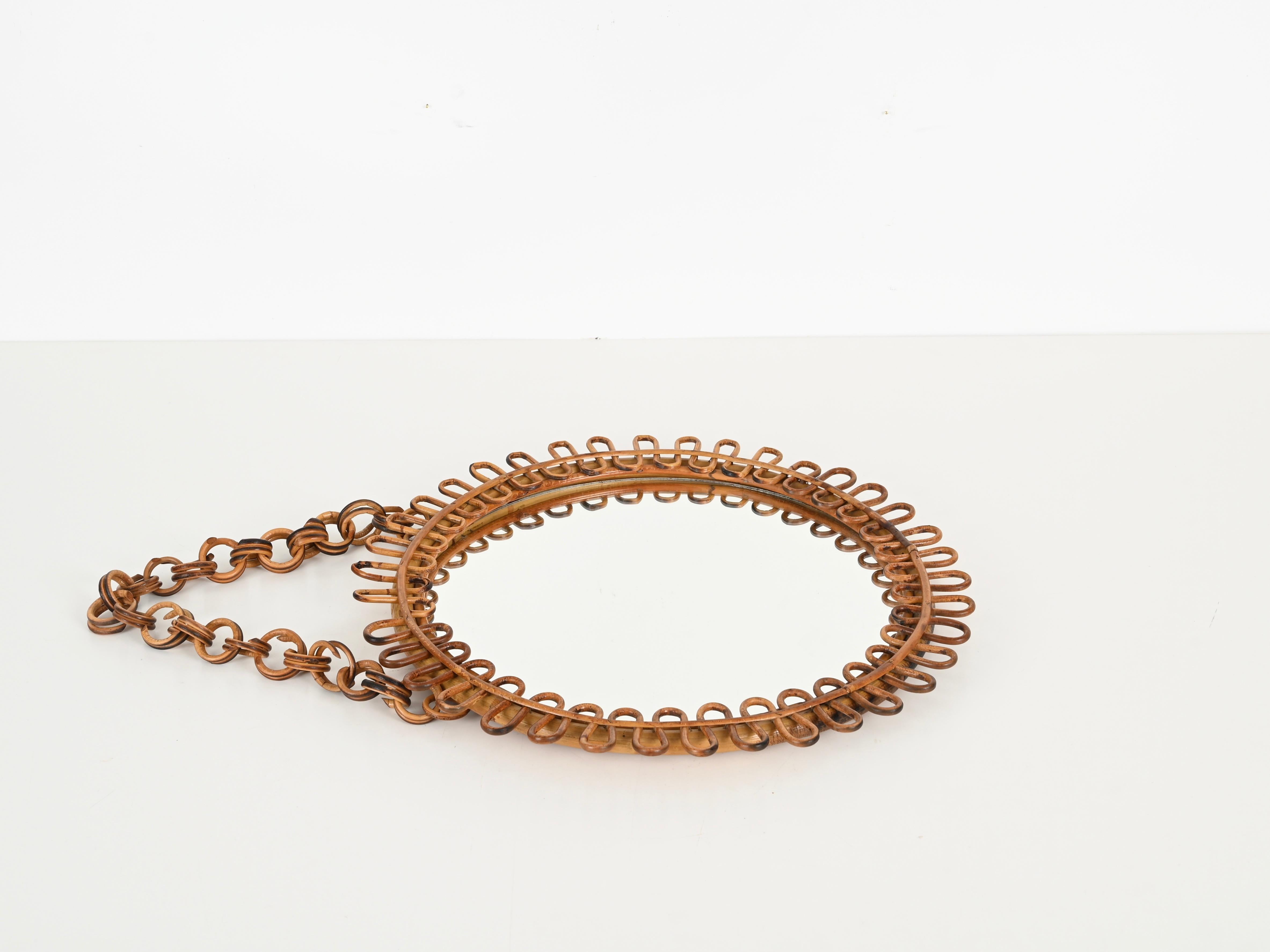 20th Century Franco Albini Curved Rattan and Bamboo Round Mirror with Chain, Italy 1960s
