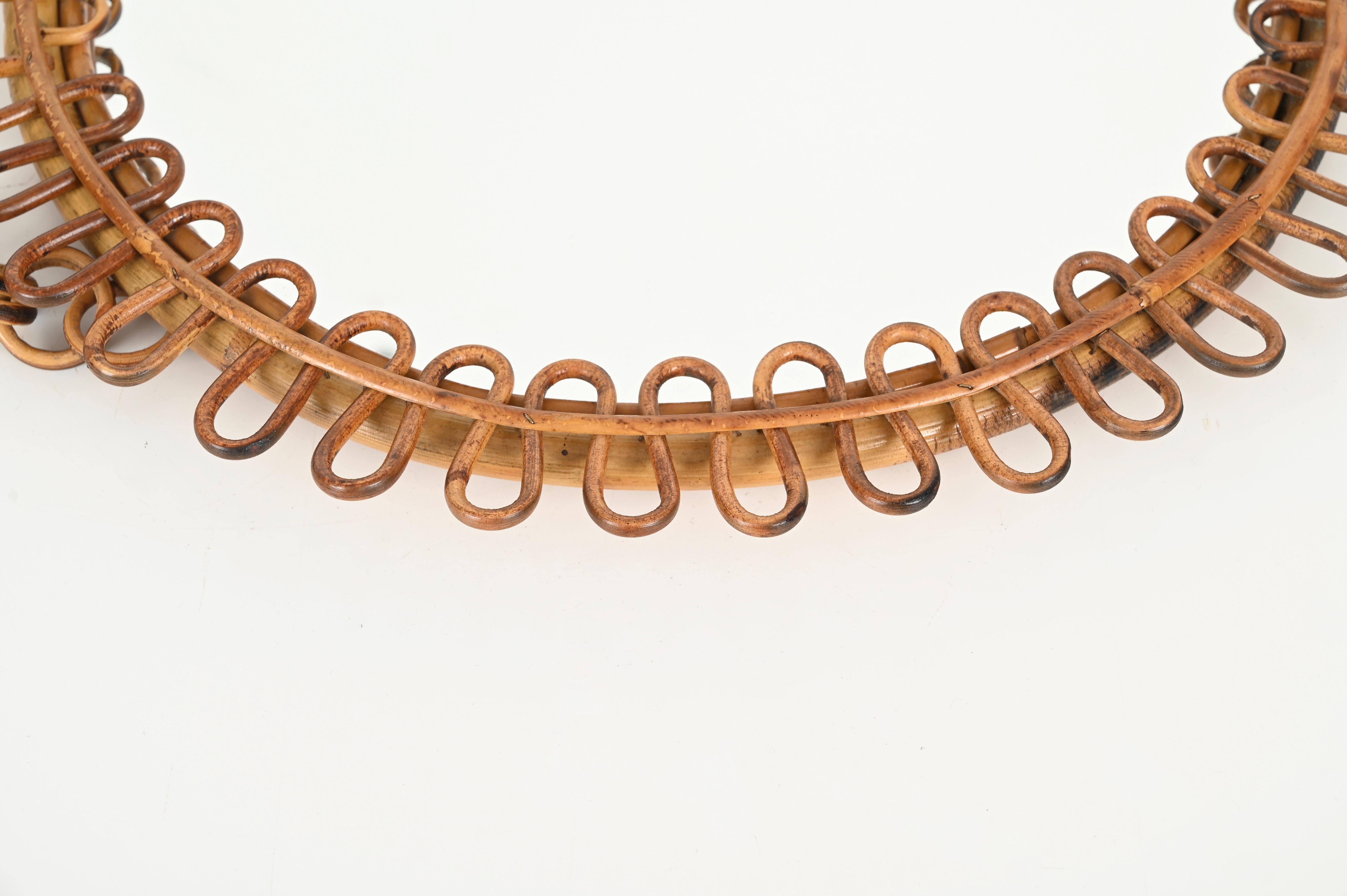 Franco Albini Curved Rattan and Bamboo Round Mirror with Chain, Italy 1960s 1