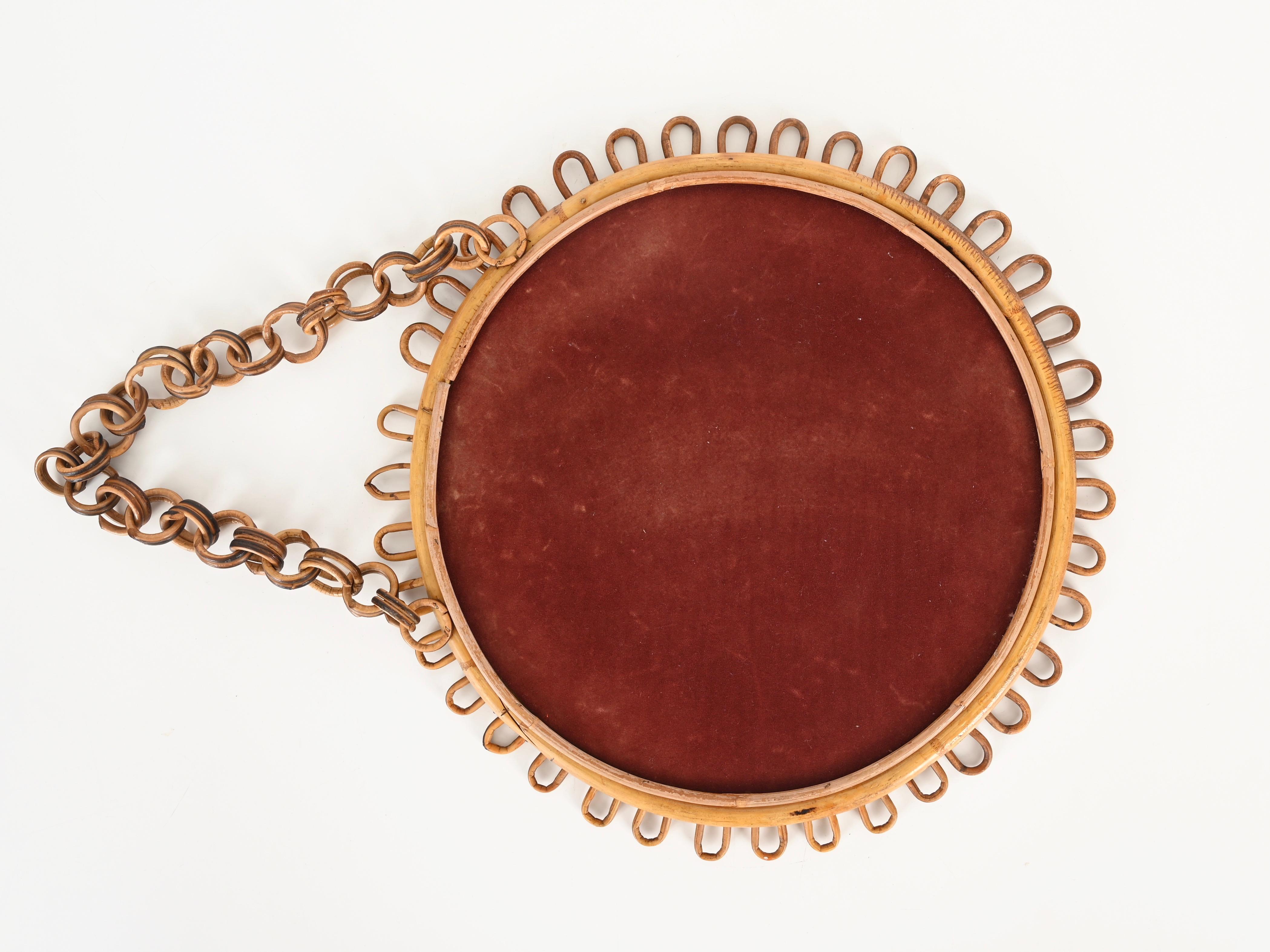 Franco Albini Curved Rattan and Bamboo Round Mirror with Chain, Italy 1960s 2