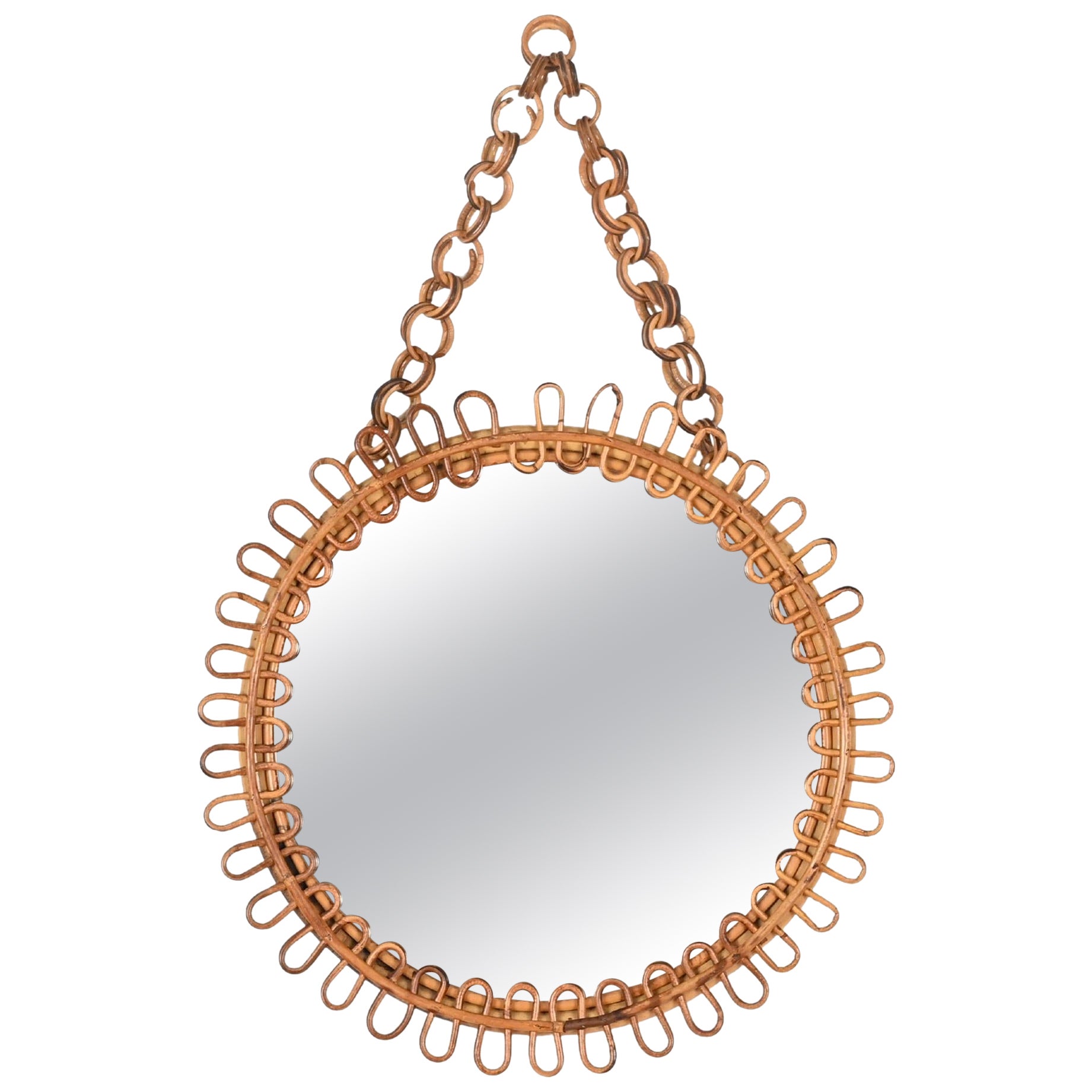 Franco Albini Curved Rattan and Bamboo Round Mirror with Chain, Italy 1960s