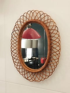 Italian Rattan Wall Mirror, Mid-Century Modern, Bamboo Frame, 1960s