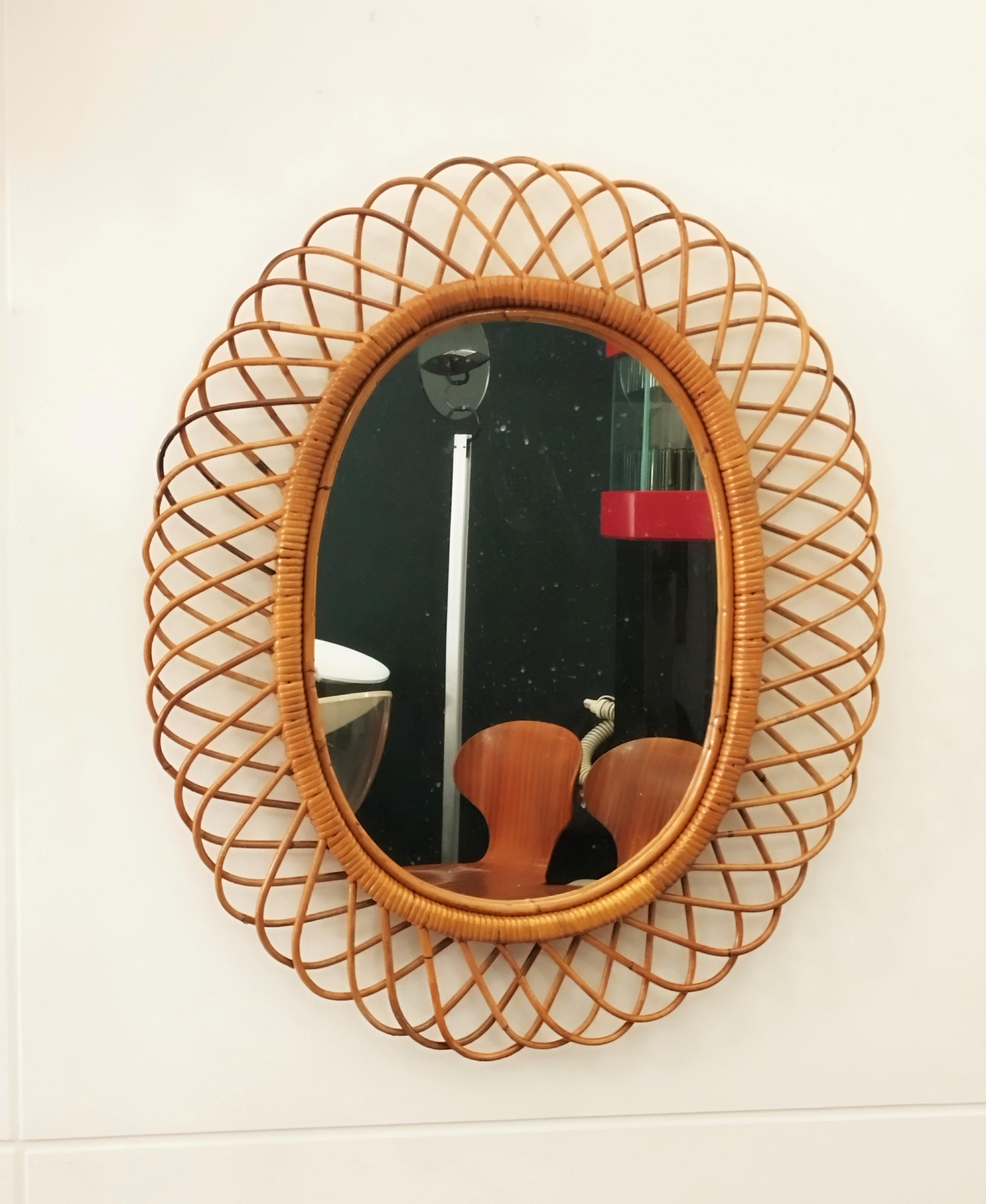 Mid-Century Modern Franco Albini for Bonacina Bamboo Oval Wall Mirror, Italy, 1960s