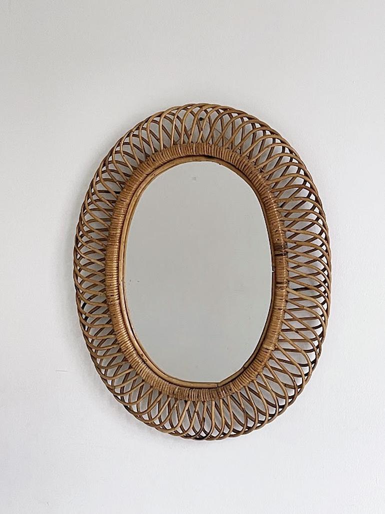 Italian Franco Albini for Bonacina Bamboo Oval Wall Mirror, Italy, 1960s