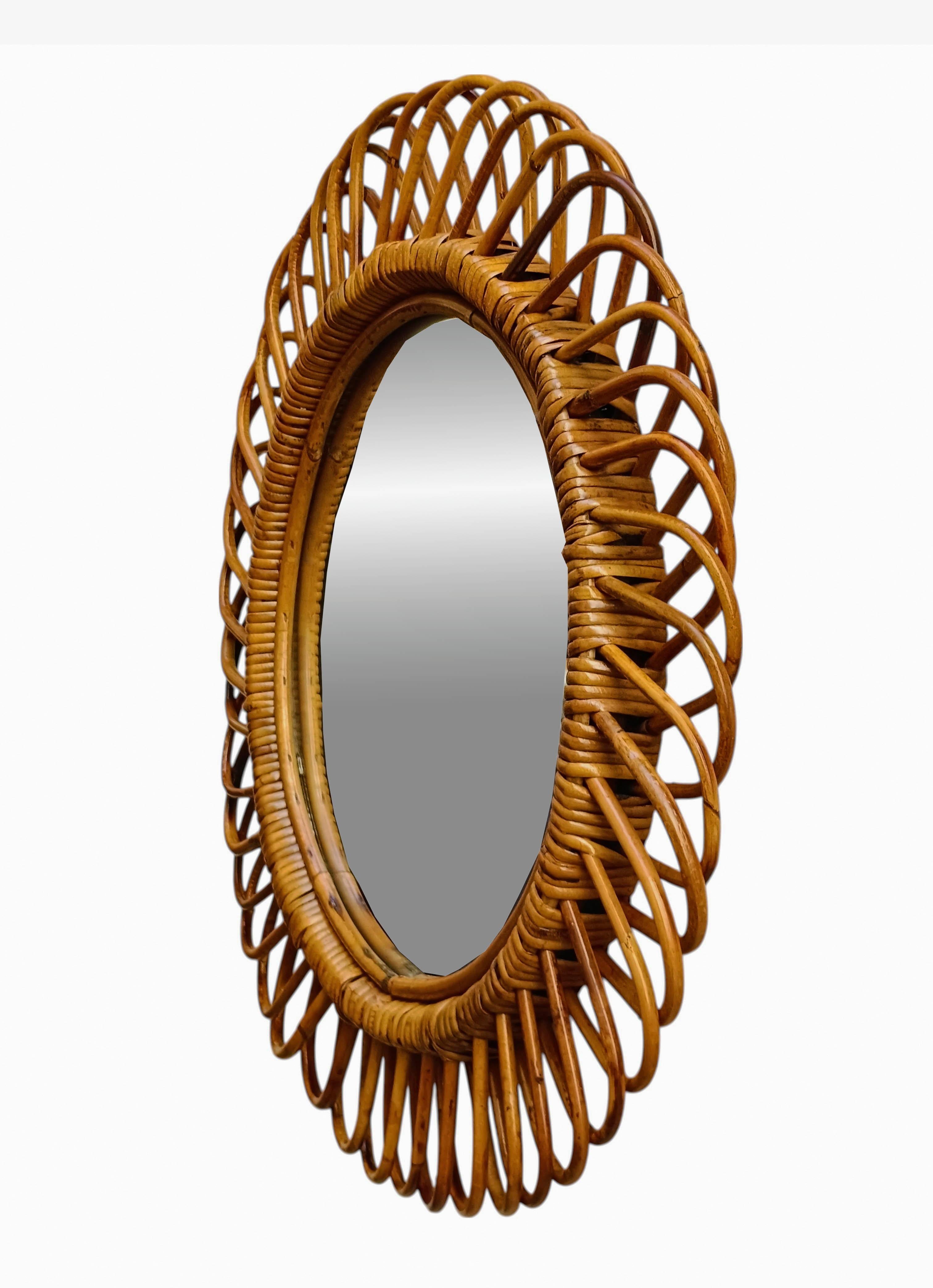 Mid-Century Modern Miroir mural rond en bambou, Franco Albini pour Bonacina, Italie, années 1960 en vente
