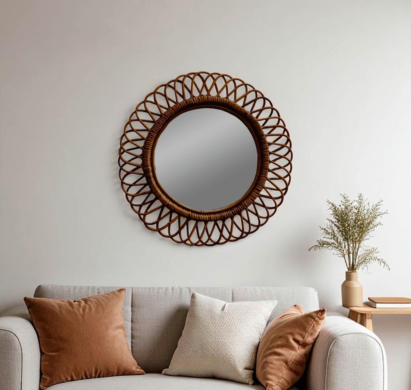 Milieu du XXe siècle Miroir mural rond en bambou, Franco Albini pour Bonacina, Italie, années 1960 en vente