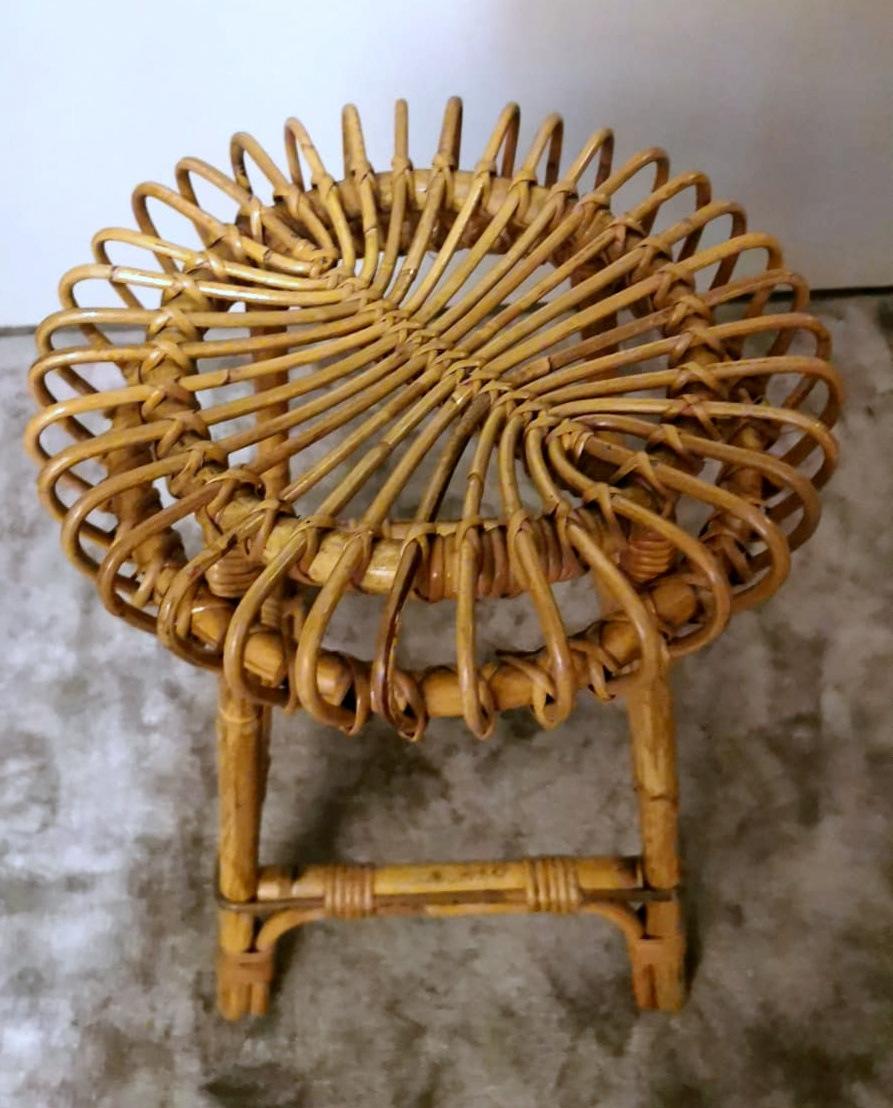 Hand-Crafted Franco Albini For Bonacina Italian Vintage Stool In Bamboo And Wicker For Sale