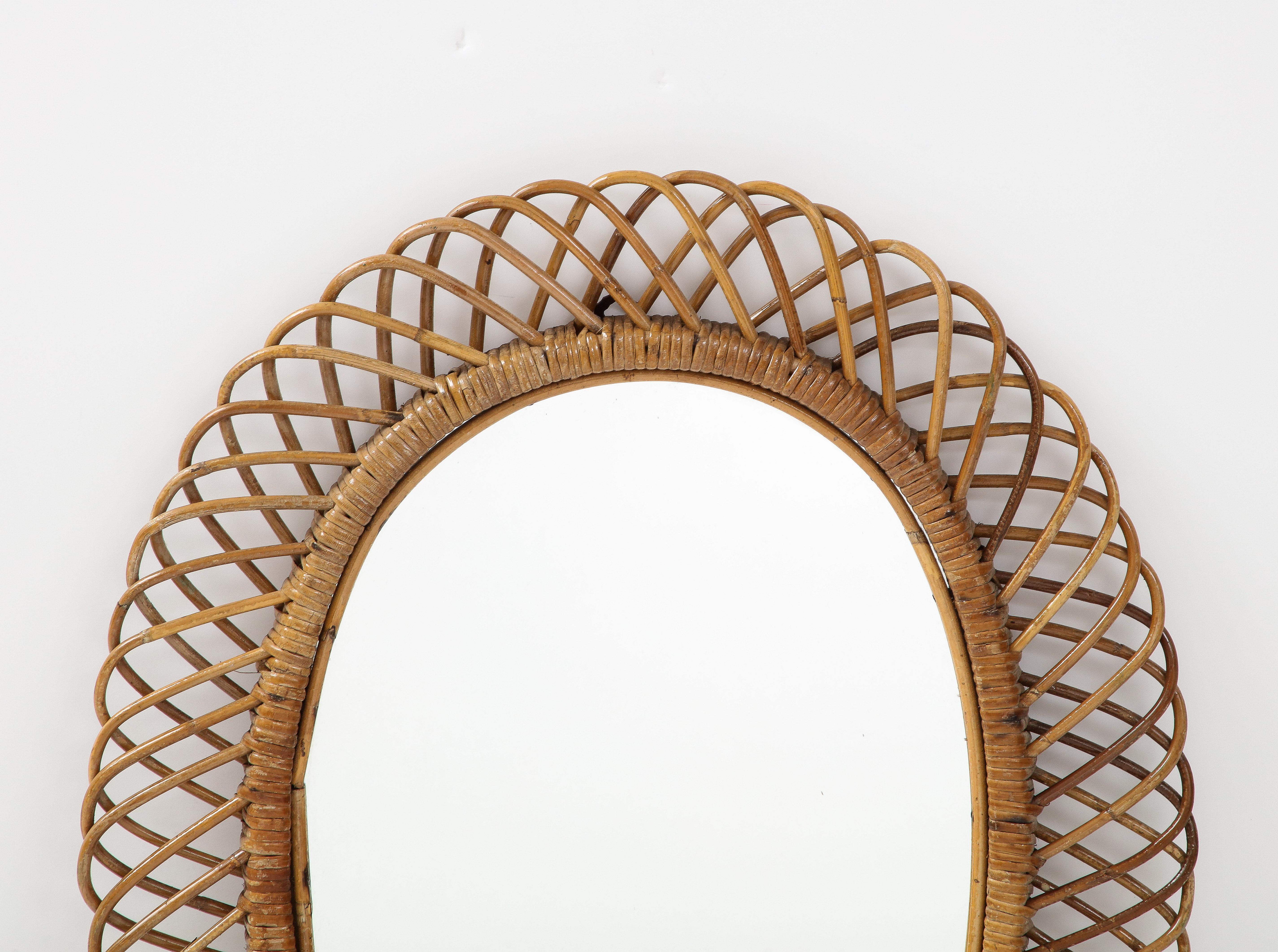 Italian Franco Albini for Bonacina Oval Bamboo and Rattan Mirror, Italy, 1950s For Sale