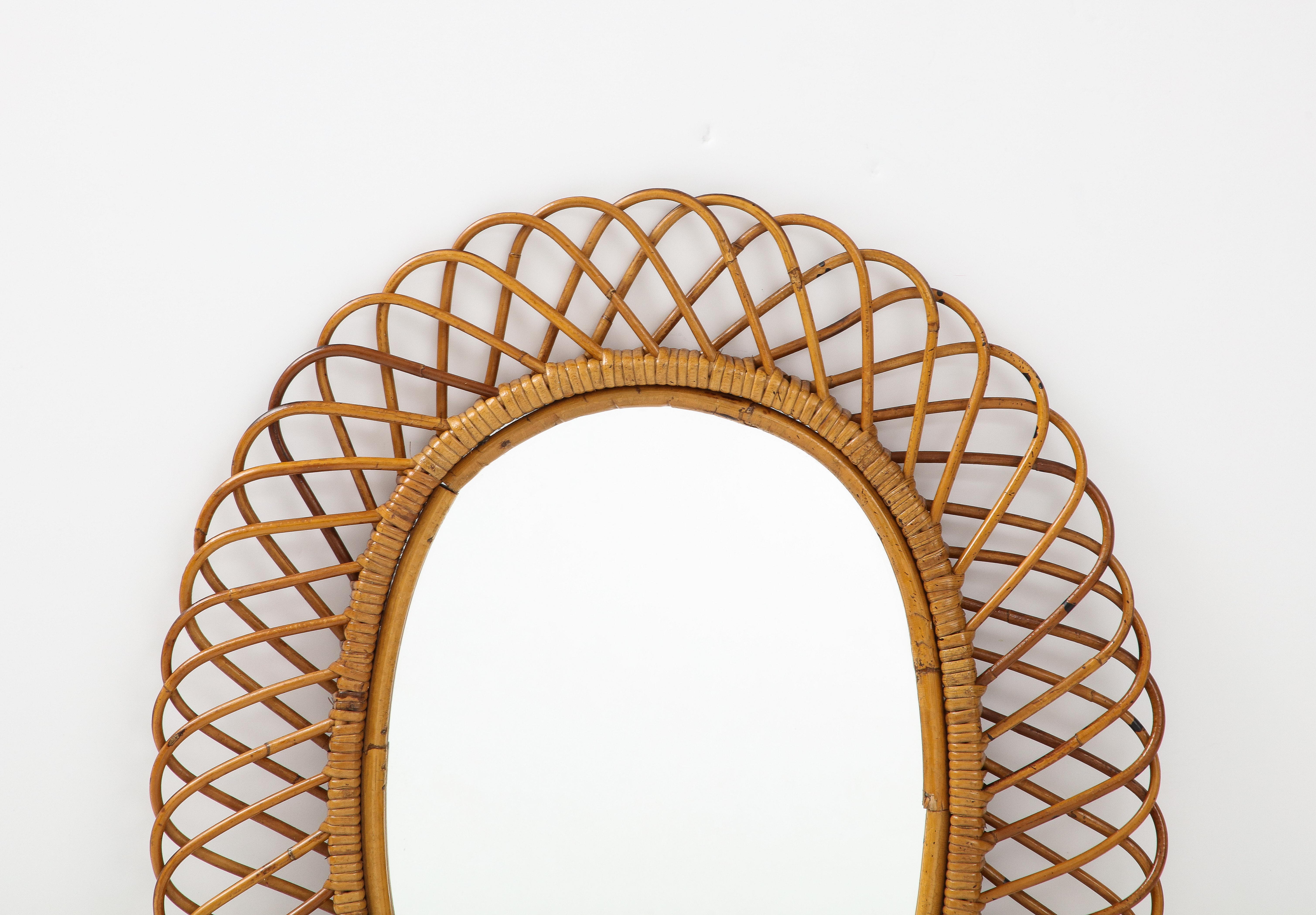 Italian Franco Albini for Bonacina Oval Bamboo and Rattan Mirror, Italy, 1950s