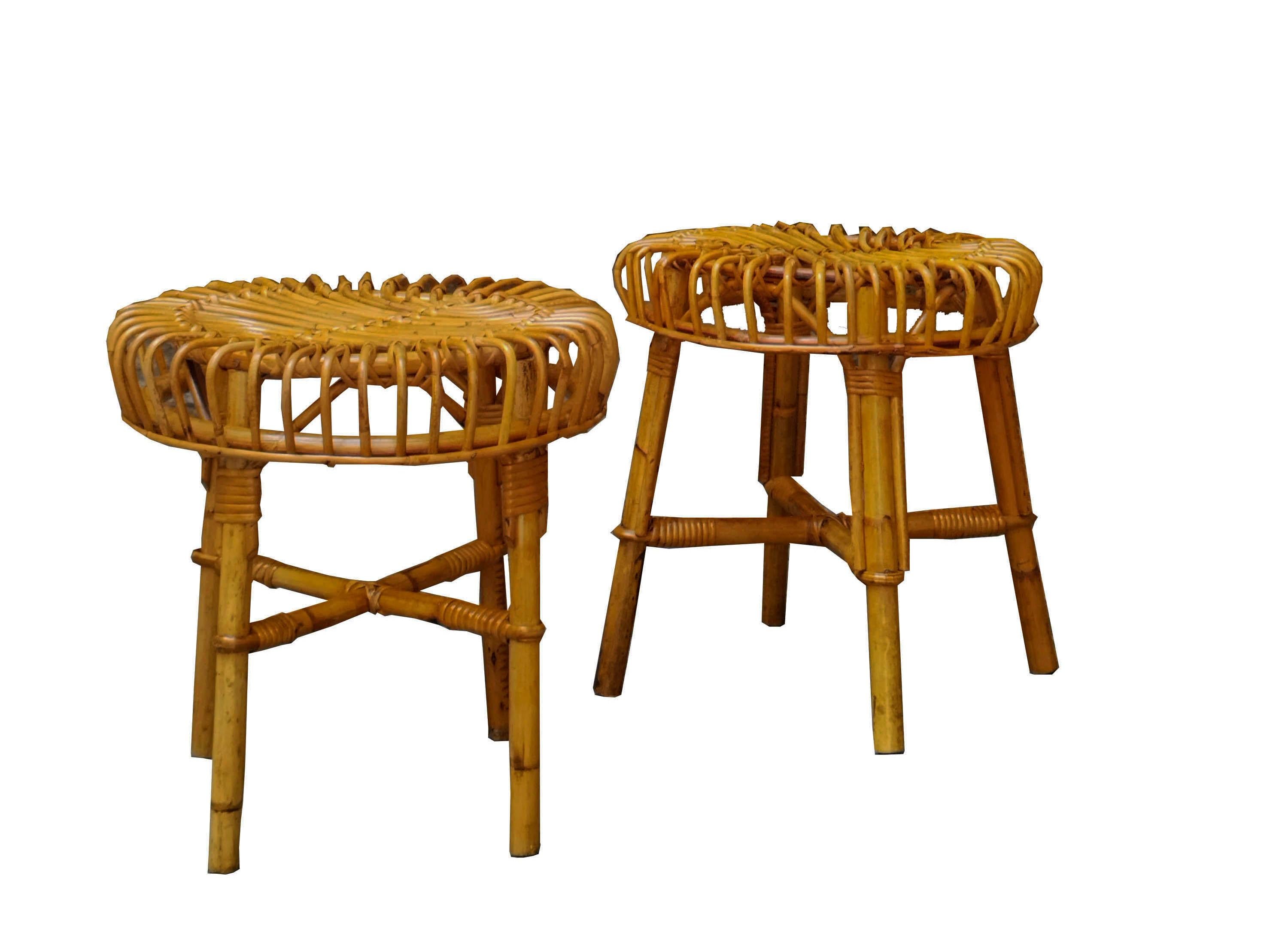 Pair of round rattan and bamboo stools designed by Franco Albini and produced by Bonacina in the 1960s.