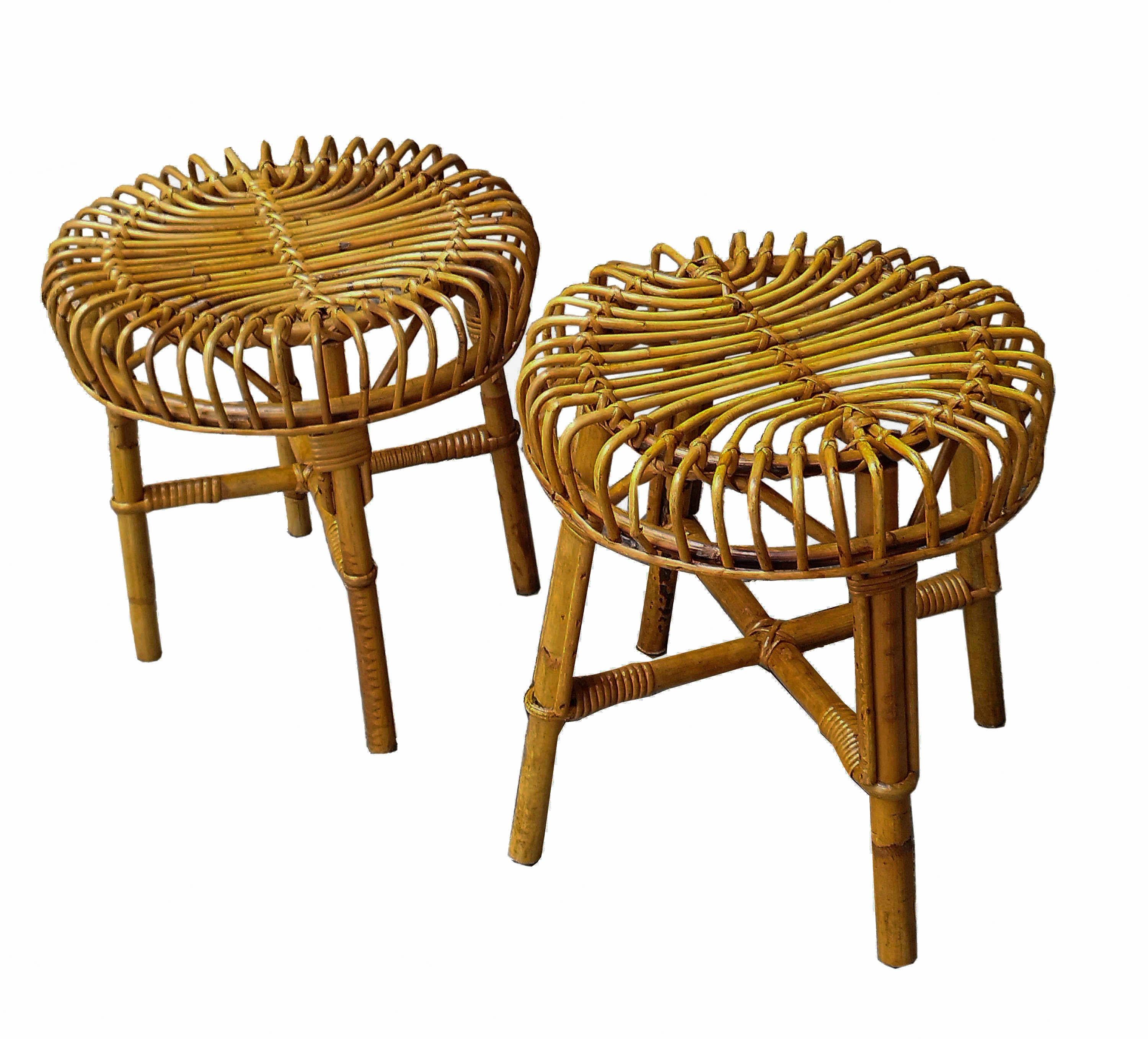Mid-Century Modern Franco Albini for Bonacina Pair of Rattan and Bamboo Stools, Italy, 1960s For Sale