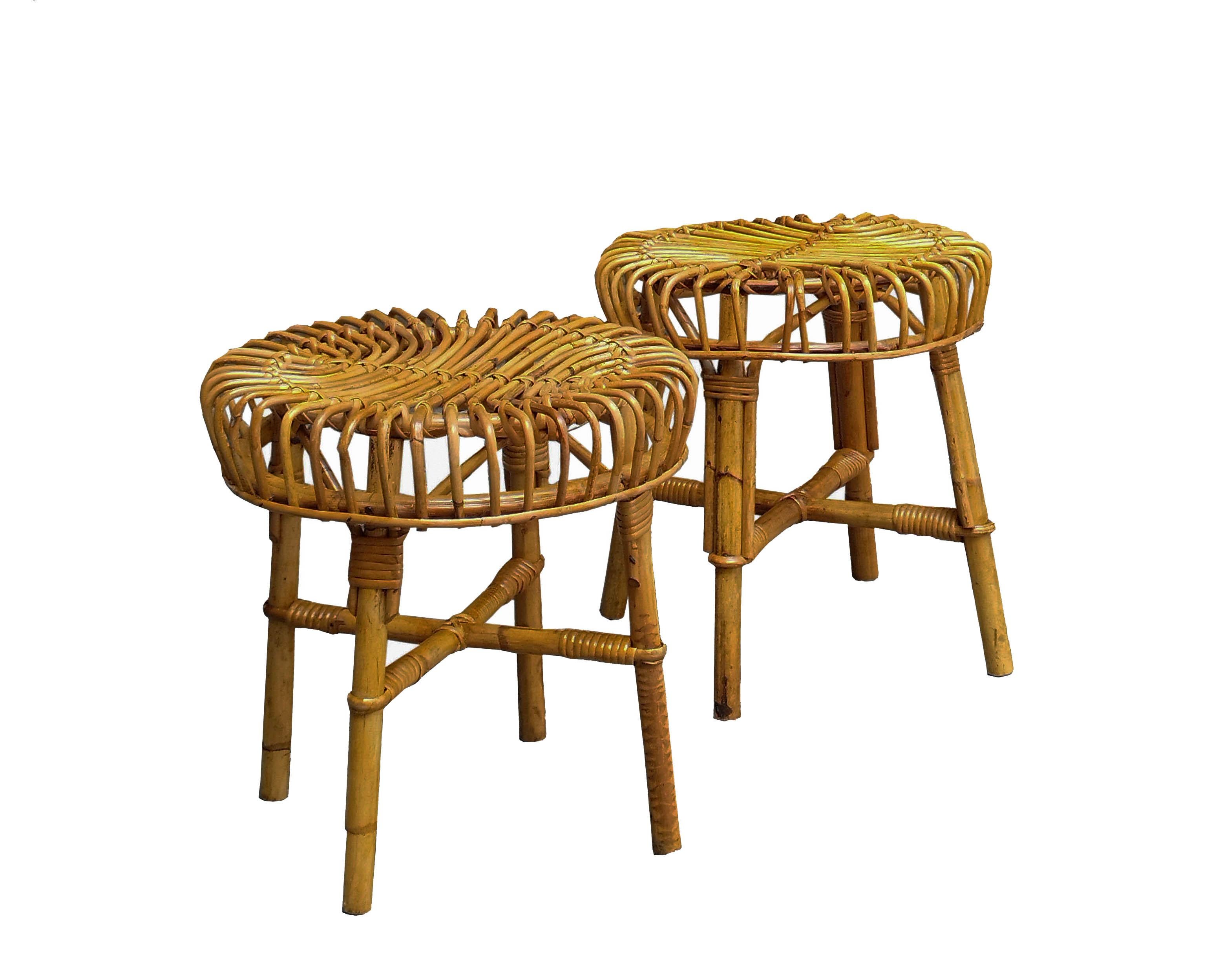 Mid-Century Modern Franco Albini for Bonacina Pair of Rattan and Bamboo Stools, Italy, 1960s For Sale