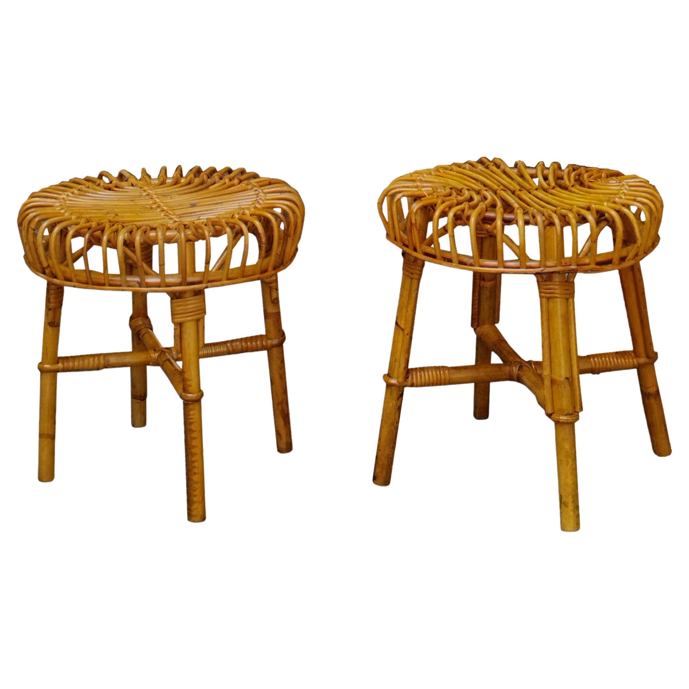 Franco Albini for Bonacina Pair of Rattan and Bamboo Stools, Italy, 1960s