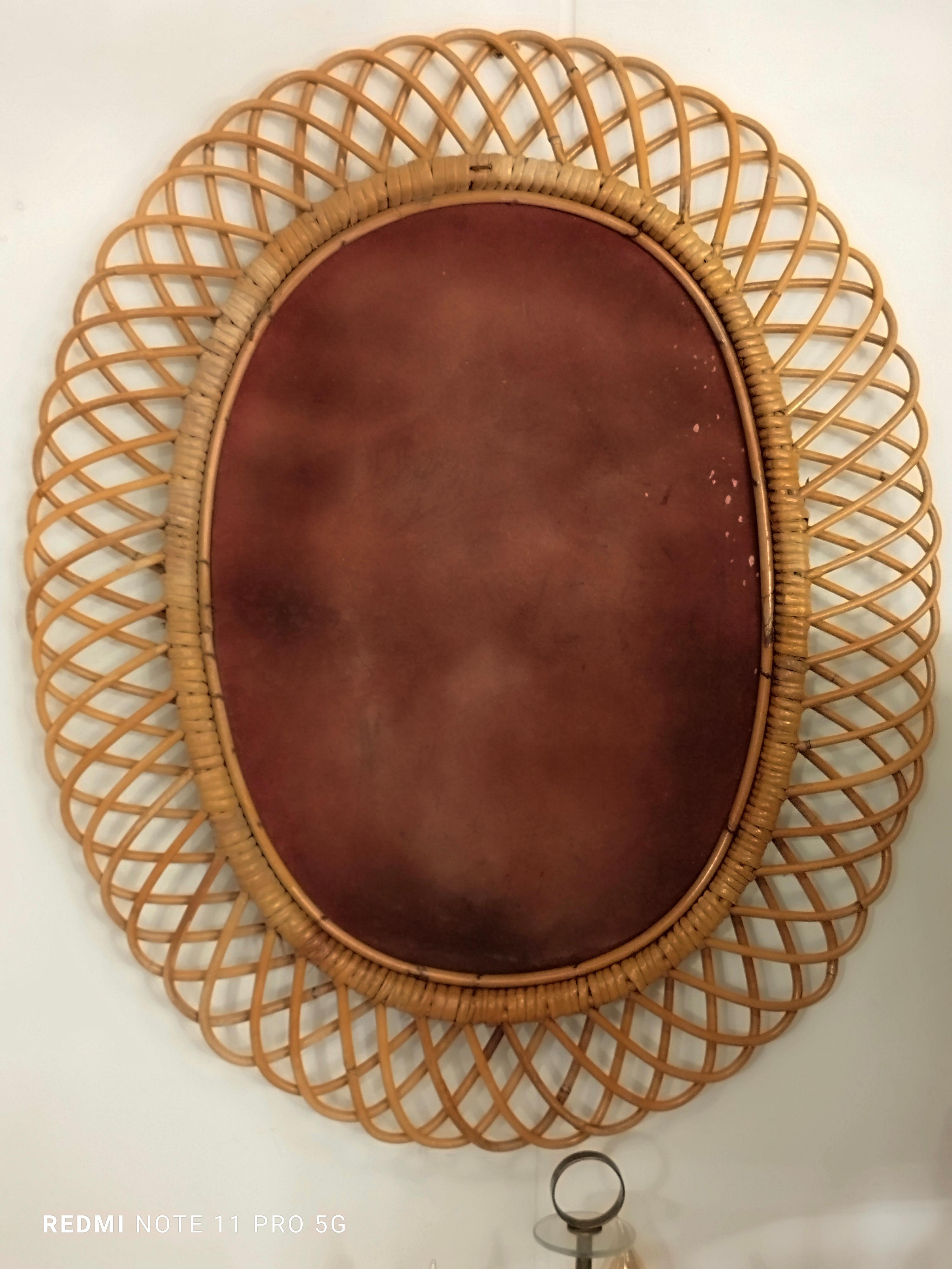 Franco Albini for Bonacina Rattan and Bamboo Wall Mirror, Italy 1960s In Good Condition For Sale In Naples, IT
