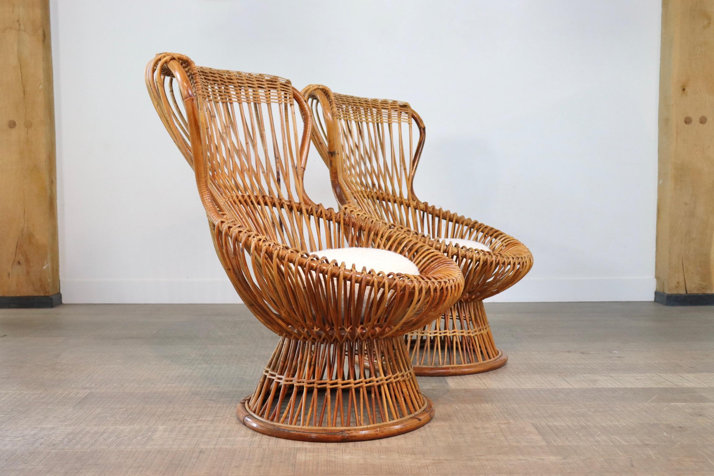 Franco Albini for Bonacina Rattan Margherita Chair with Bouclé Cushion 5
