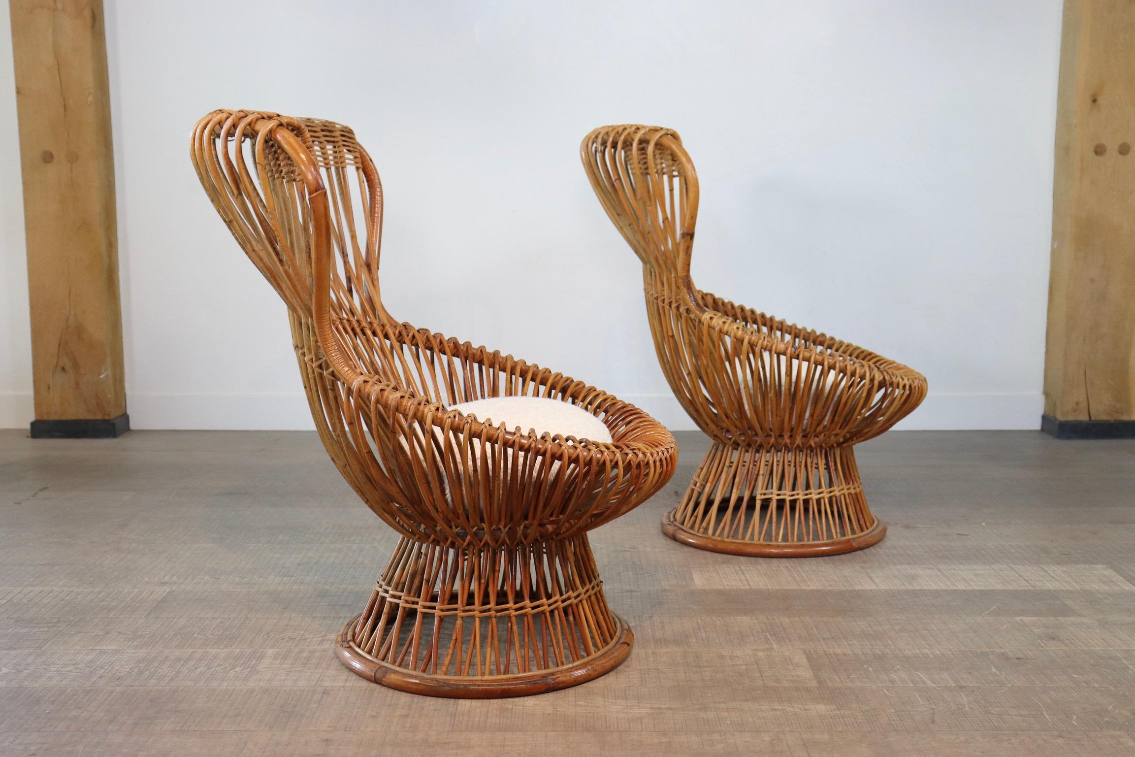 Franco Albini for Bonacina Rattan Margherita Chair with Bouclé Cushion 6