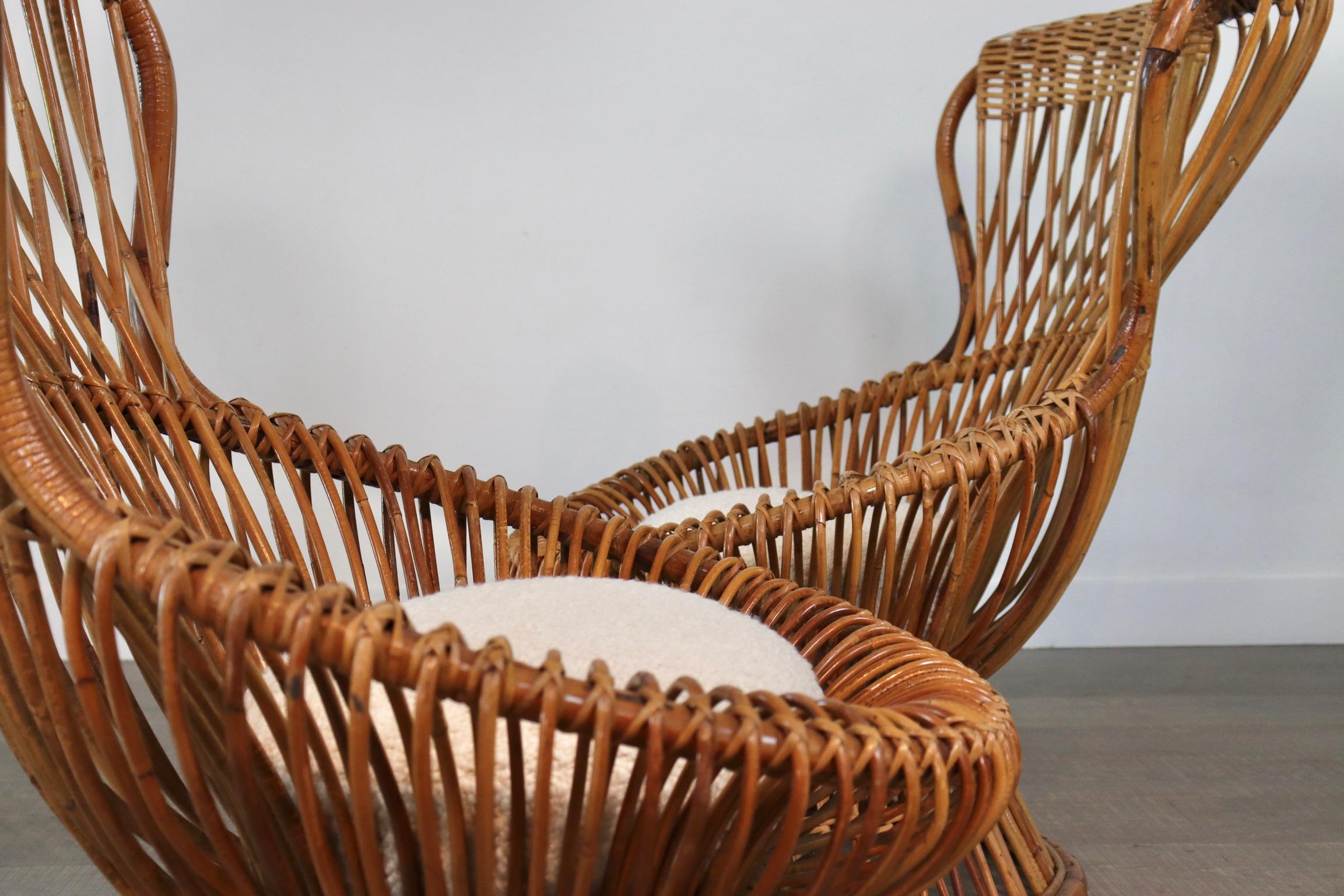 Franco Albini for Bonacina Rattan Margherita Chair with Bouclé Cushion 7