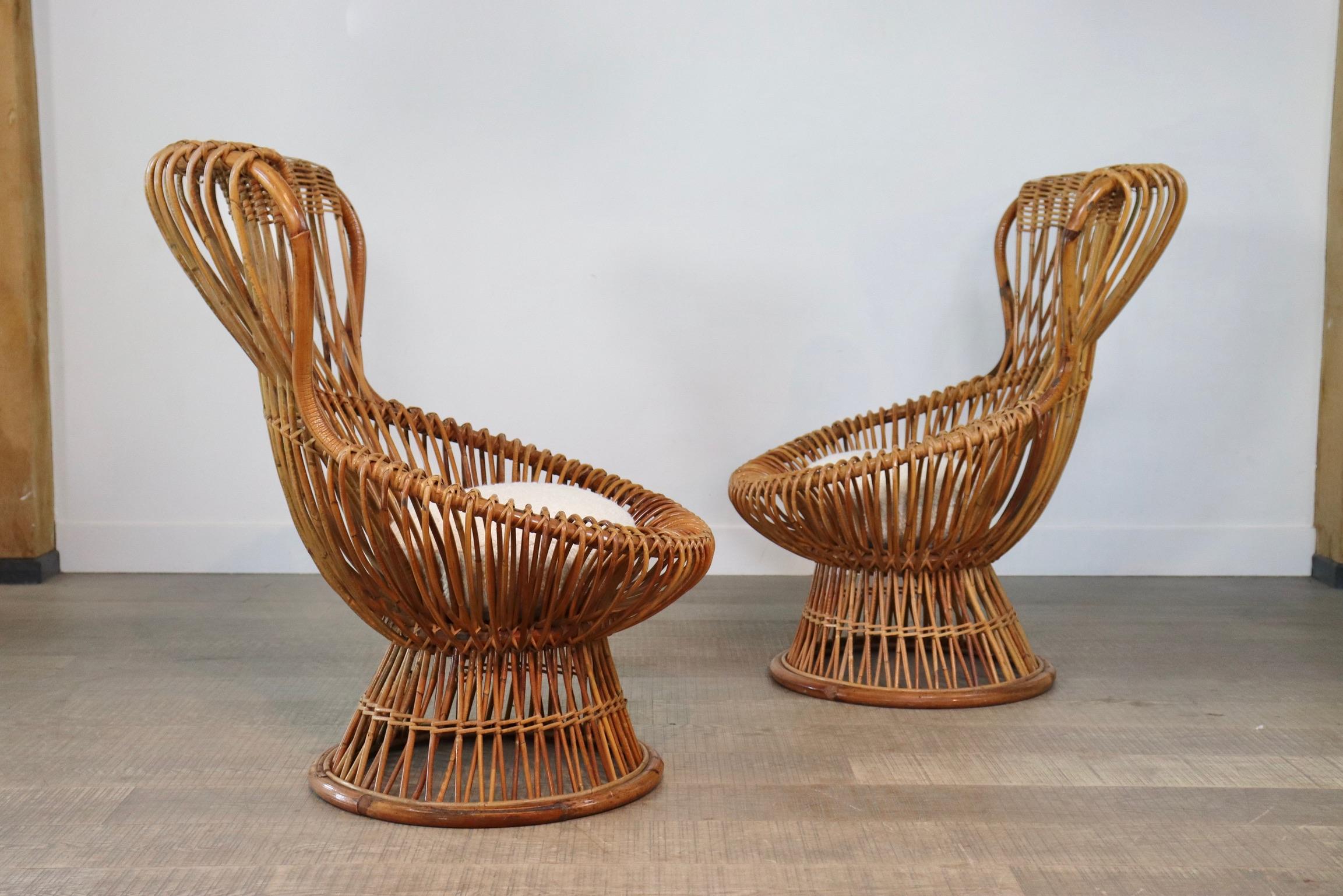 Franco Albini for Bonacina Rattan Margherita Chair with Bouclé Cushion 8