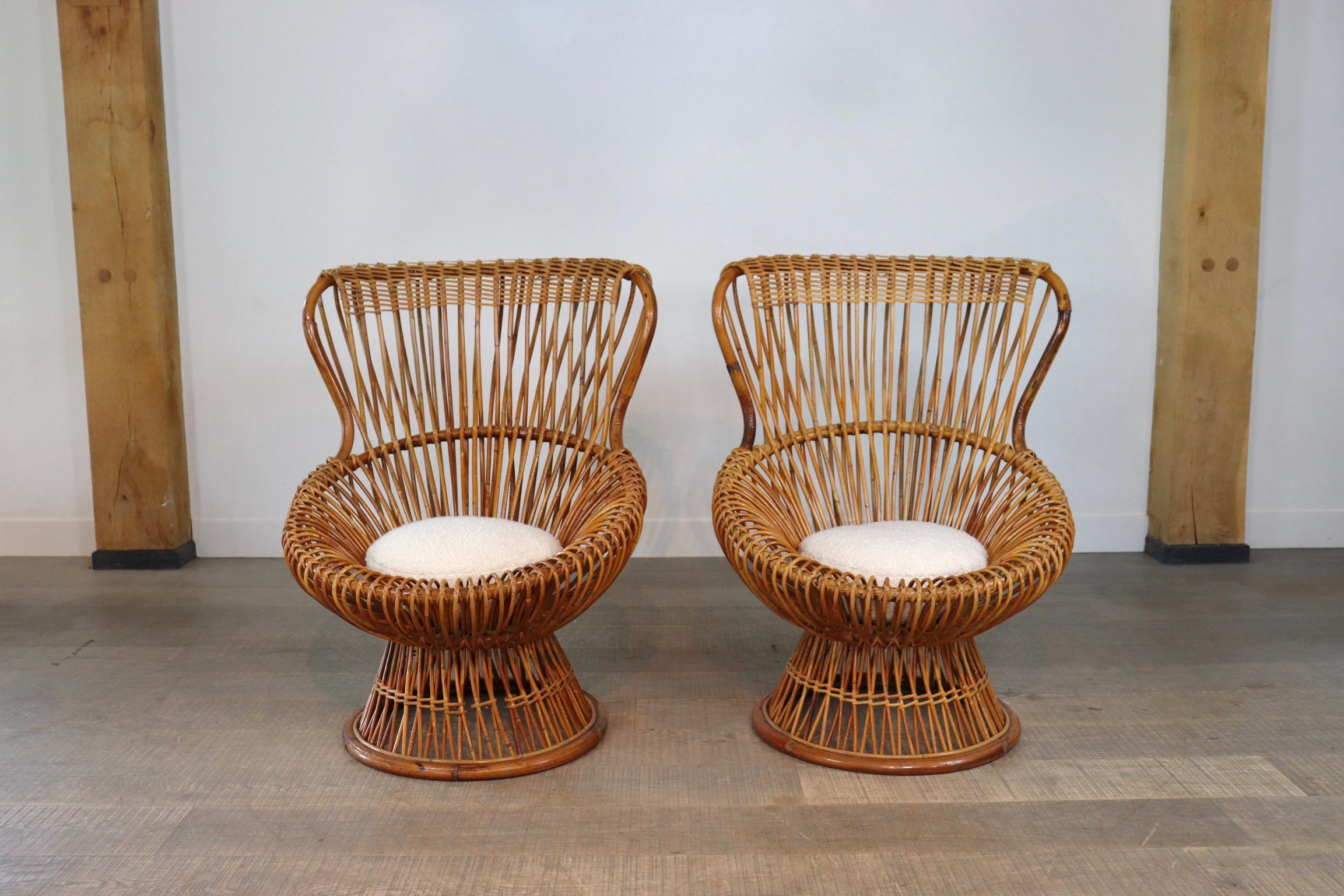 Woven Franco Albini for Bonacina Rattan Margherita Chair with Bouclé Cushion