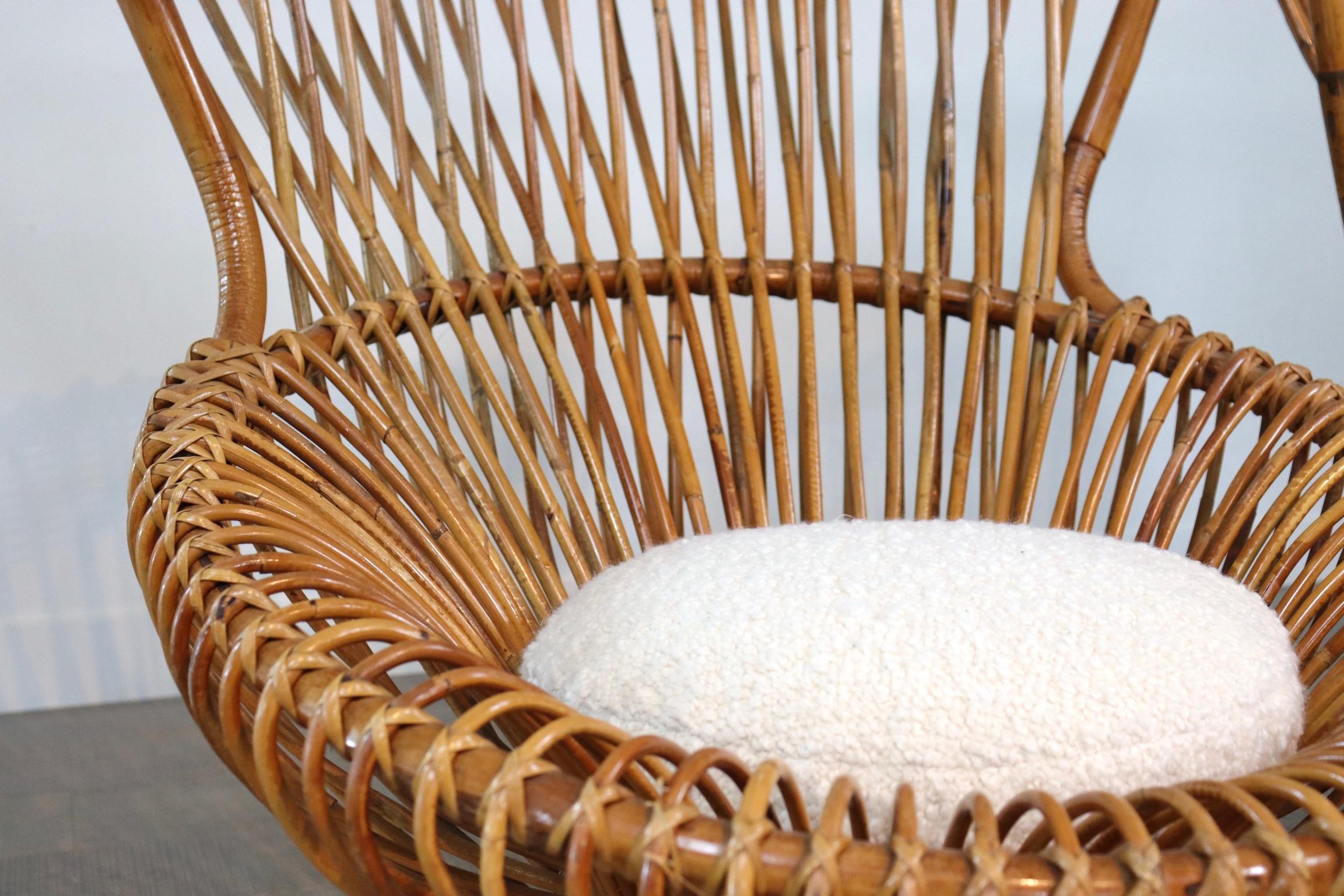 Franco Albini for Bonacina Rattan Margherita Chair with Bouclé Cushion In Good Condition In ABCOUDE, UT