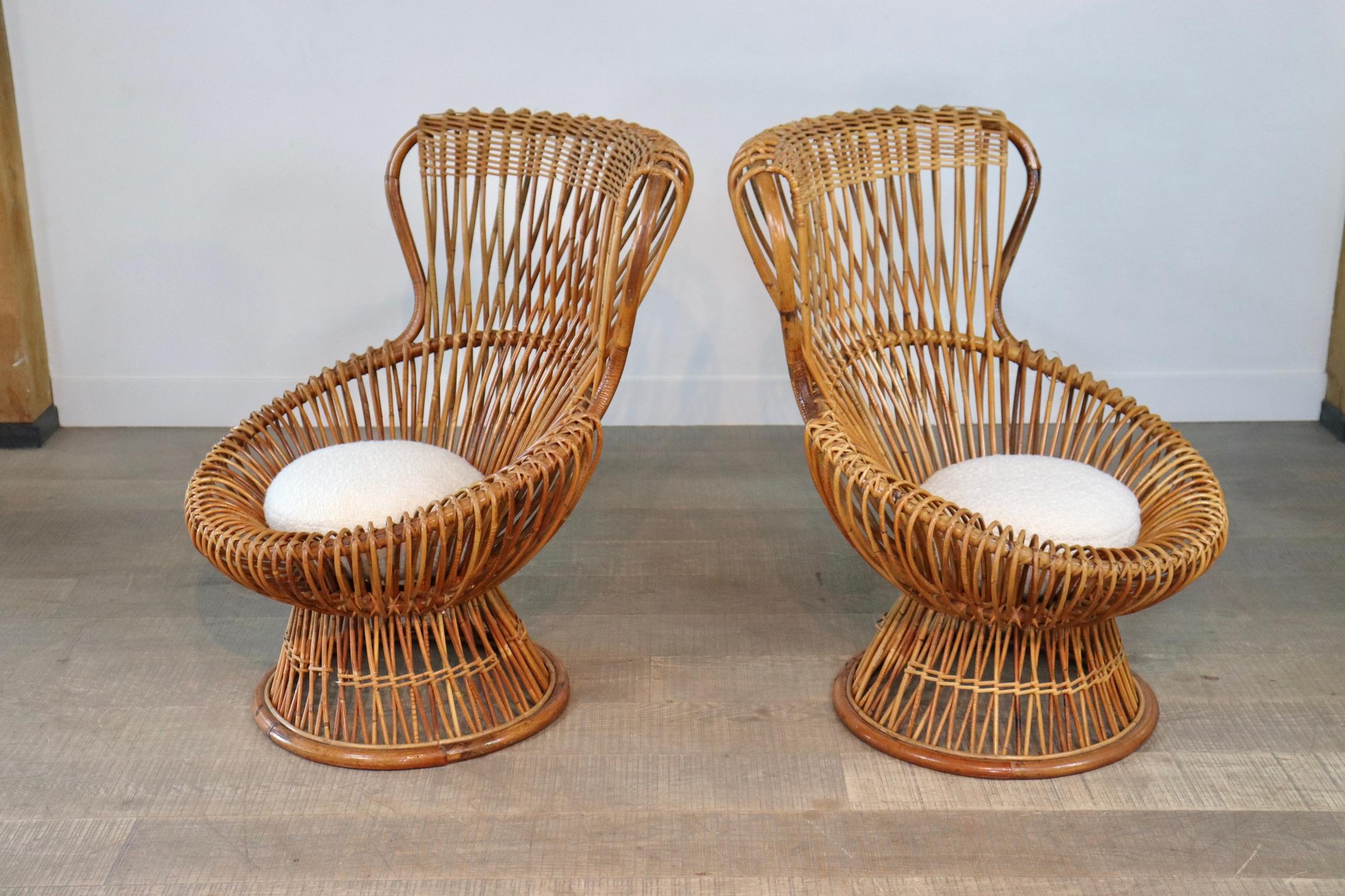 Mid-20th Century Franco Albini for Bonacina Rattan Margherita Chair with Bouclé Cushion
