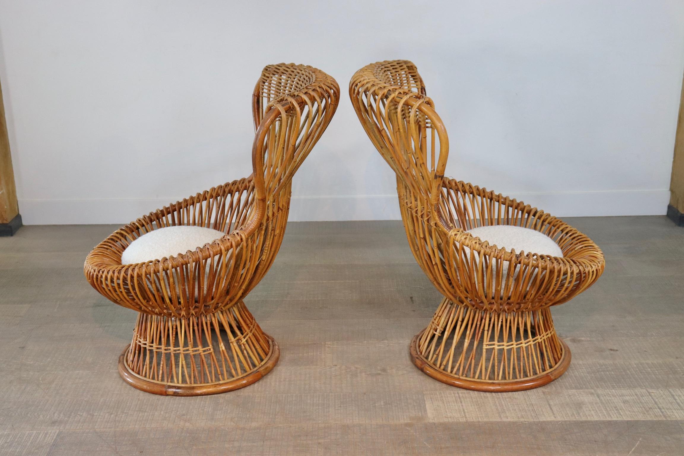 Franco Albini for Bonacina Rattan Margherita Chair with Bouclé Cushion 1