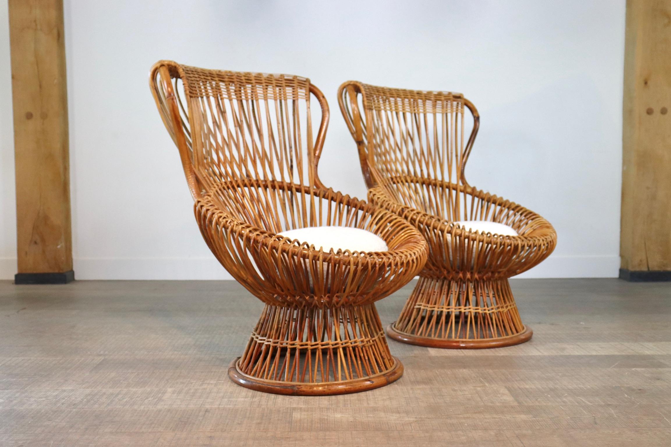 Franco Albini for Bonacina Rattan Margherita Chair with Bouclé Cushion 3