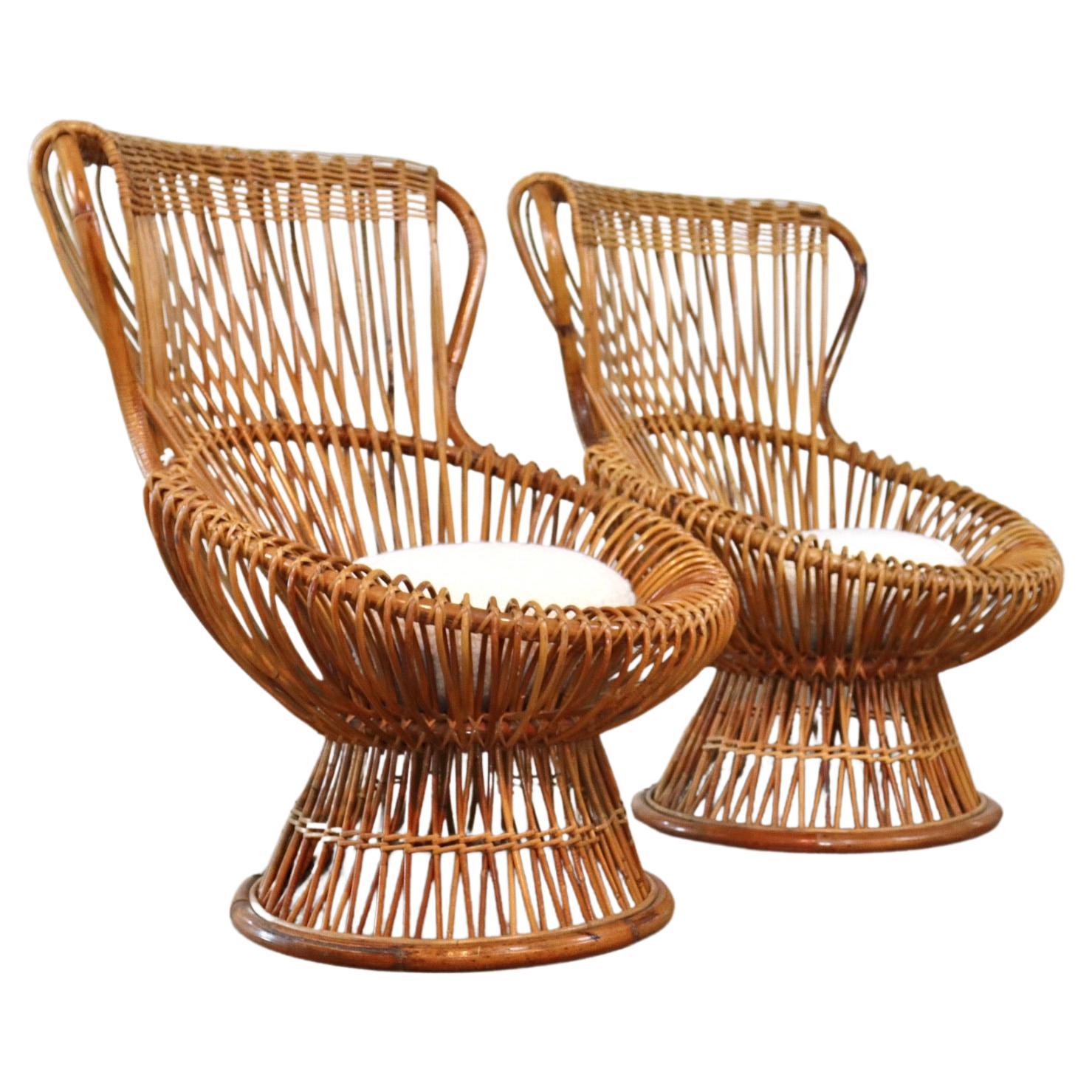 Franco Albini for Bonacina Rattan Margherita Chair with Bouclé Cushion