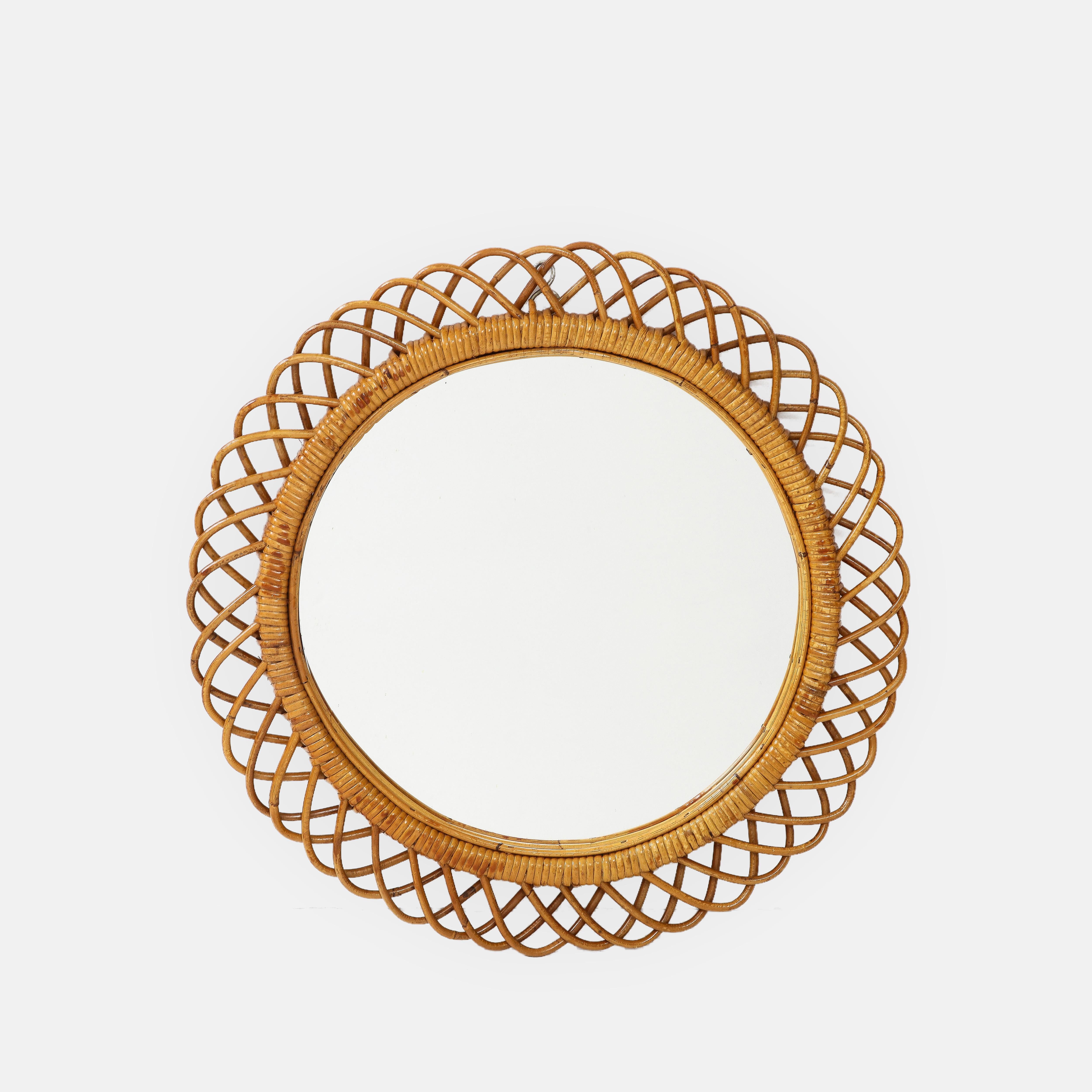 Mid-Century Modern Franco Albini for Bonacina Round Bamboo and Rattan Mirrors, Italy, 1950s For Sale