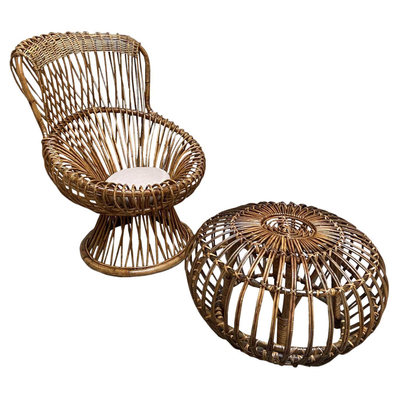 Franco Albini for Bonacina Set Margherita Chair and Ottoman, Italy, 1950s