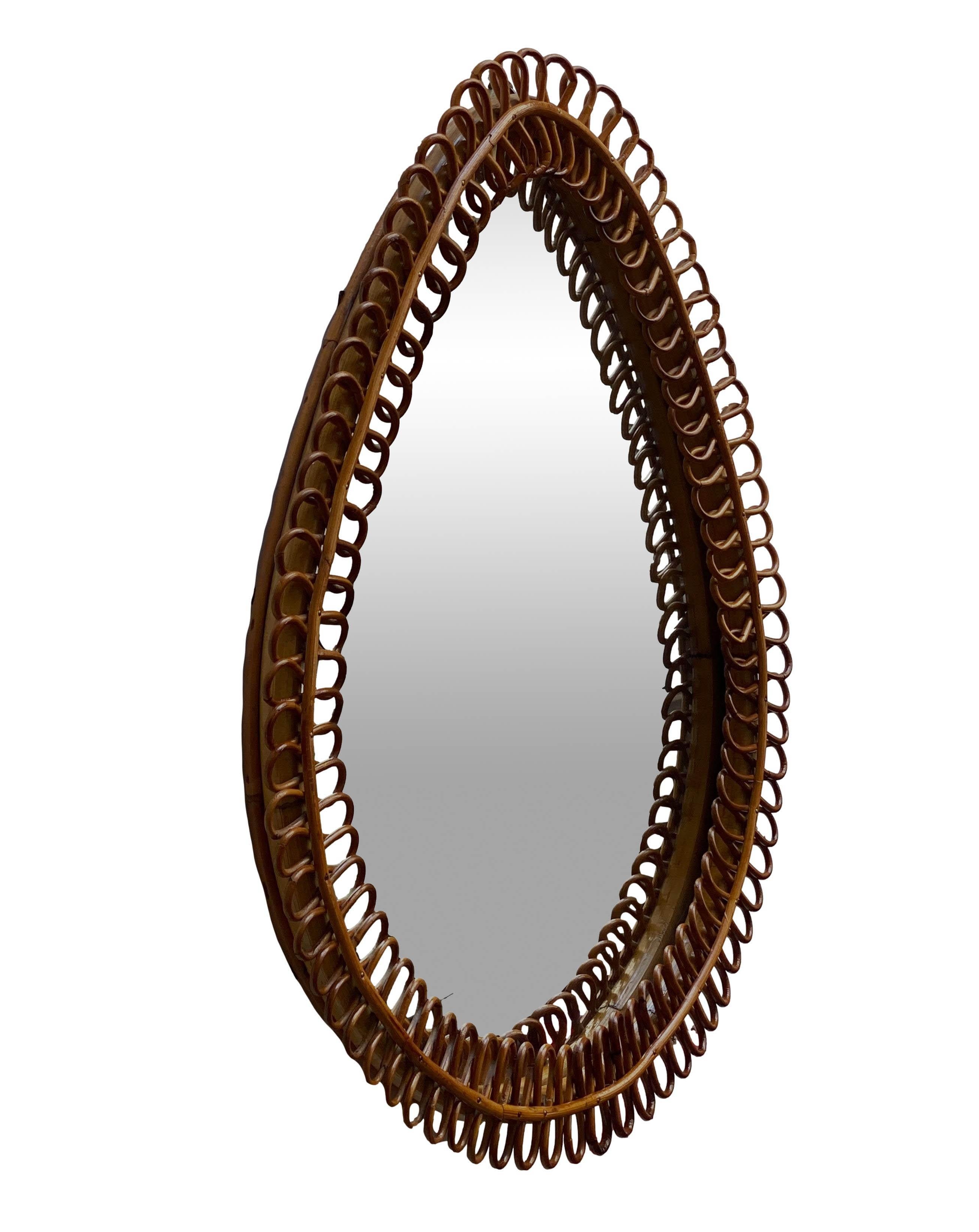 Large drop-shaped rattan mirror by Franco Albini for Bonacina Italia 1960.
