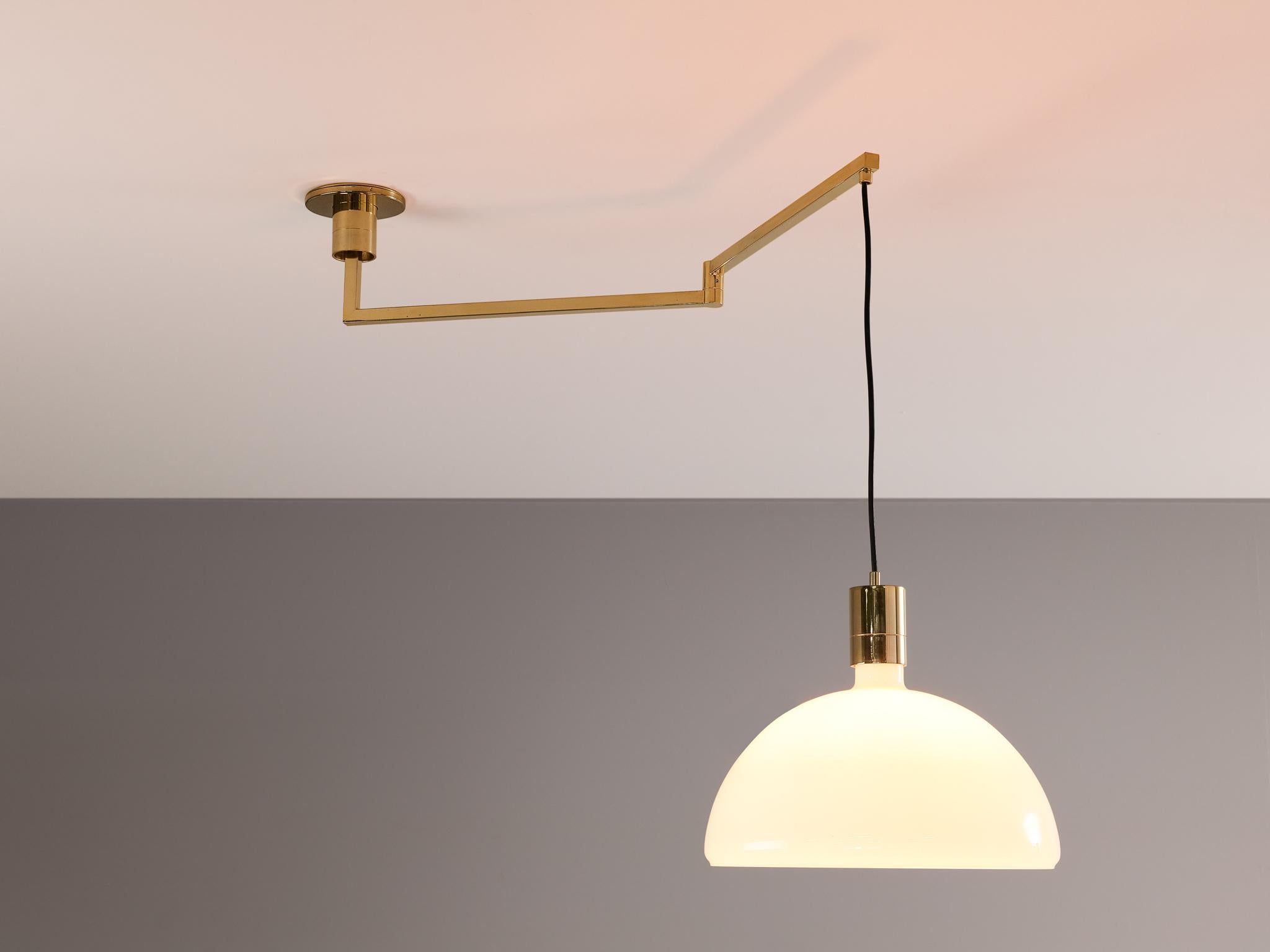 Franco Albini, Franc Helg and Antonio Piva for Sirrah, brass, opaline glass, Italy, design 1969

This well-constructed pendant lamp is part of a series named ‘AM/AS’ that included table, wall, ceiling and suspension lamps, and were designed by an