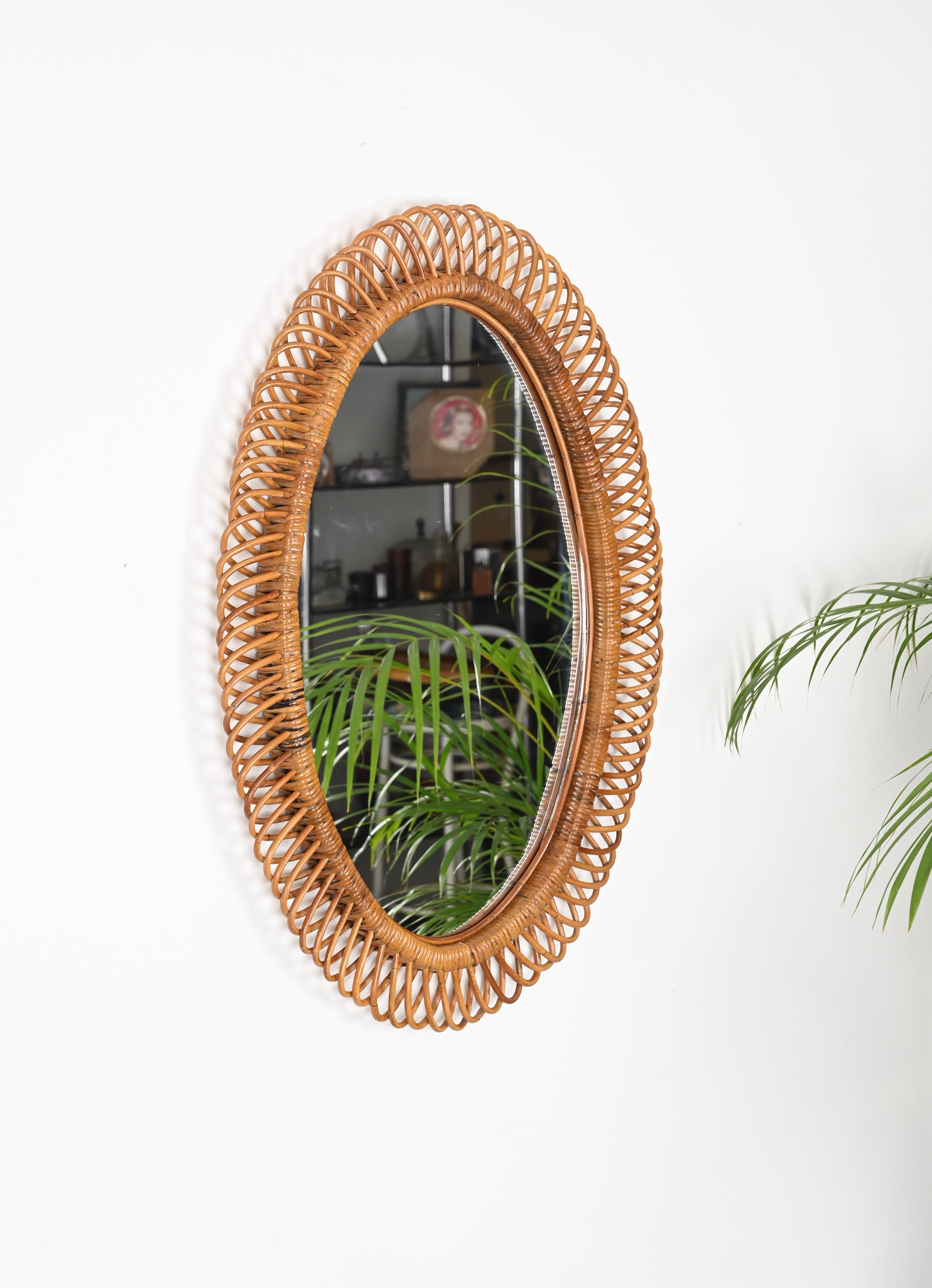 Mid-Century Modern Franco Albini French Riviera Large Oval Mirror in Rattan and Wicker, Italy 1960s For Sale