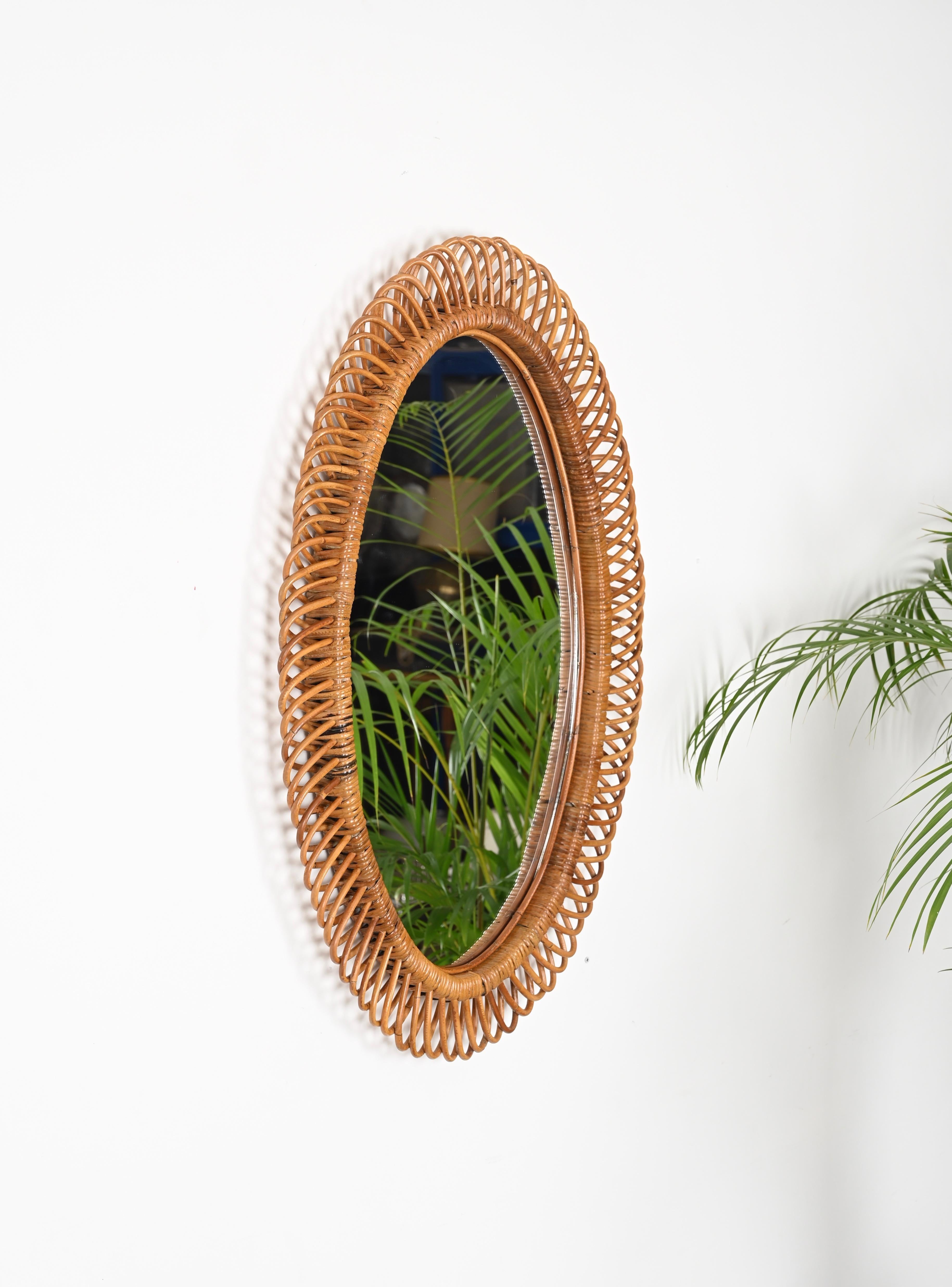 Italian Franco Albini French Riviera Large Oval Mirror in Rattan and Wicker, Italy 1960s For Sale