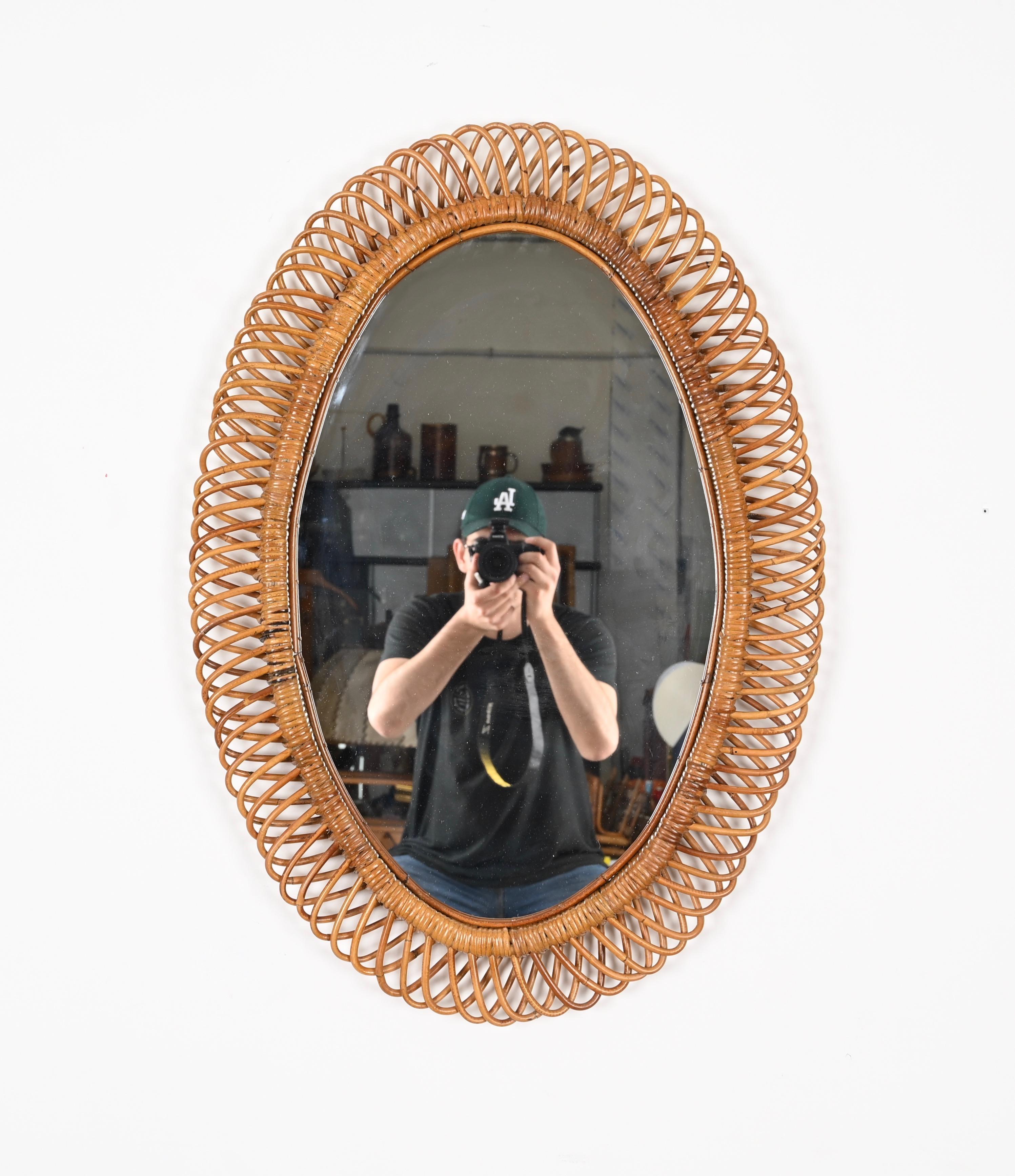 Franco Albini French Riviera Large Oval Mirror in Rattan and Wicker, Italy 1960s In Good Condition For Sale In Roma, IT